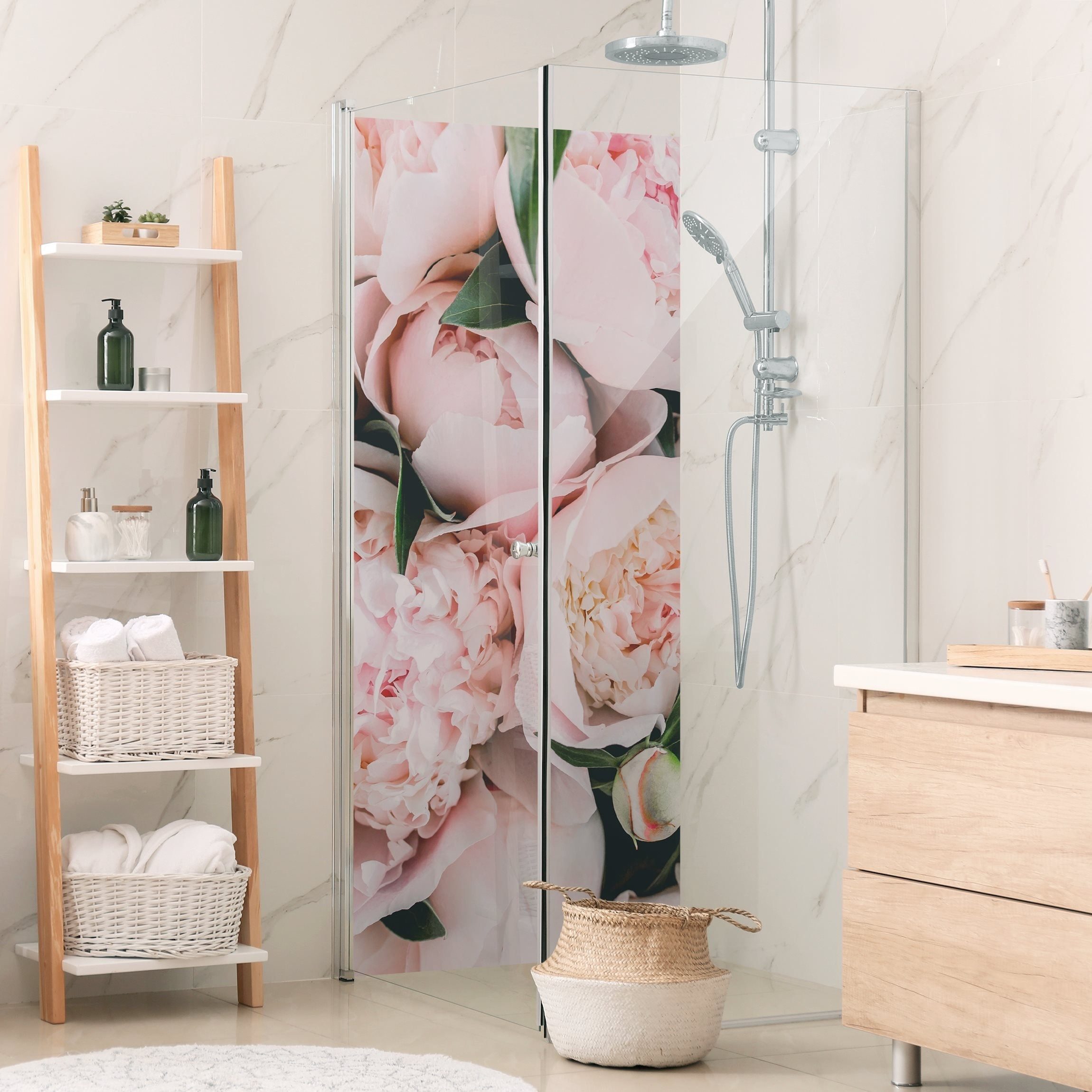 Thumbnail - Bilderdepot24 Duschrückwand Blumen rosa Duschrückwand ohne Bohren Dusche Landhaus, (0,61 mm starke Folie selbstklebend W...