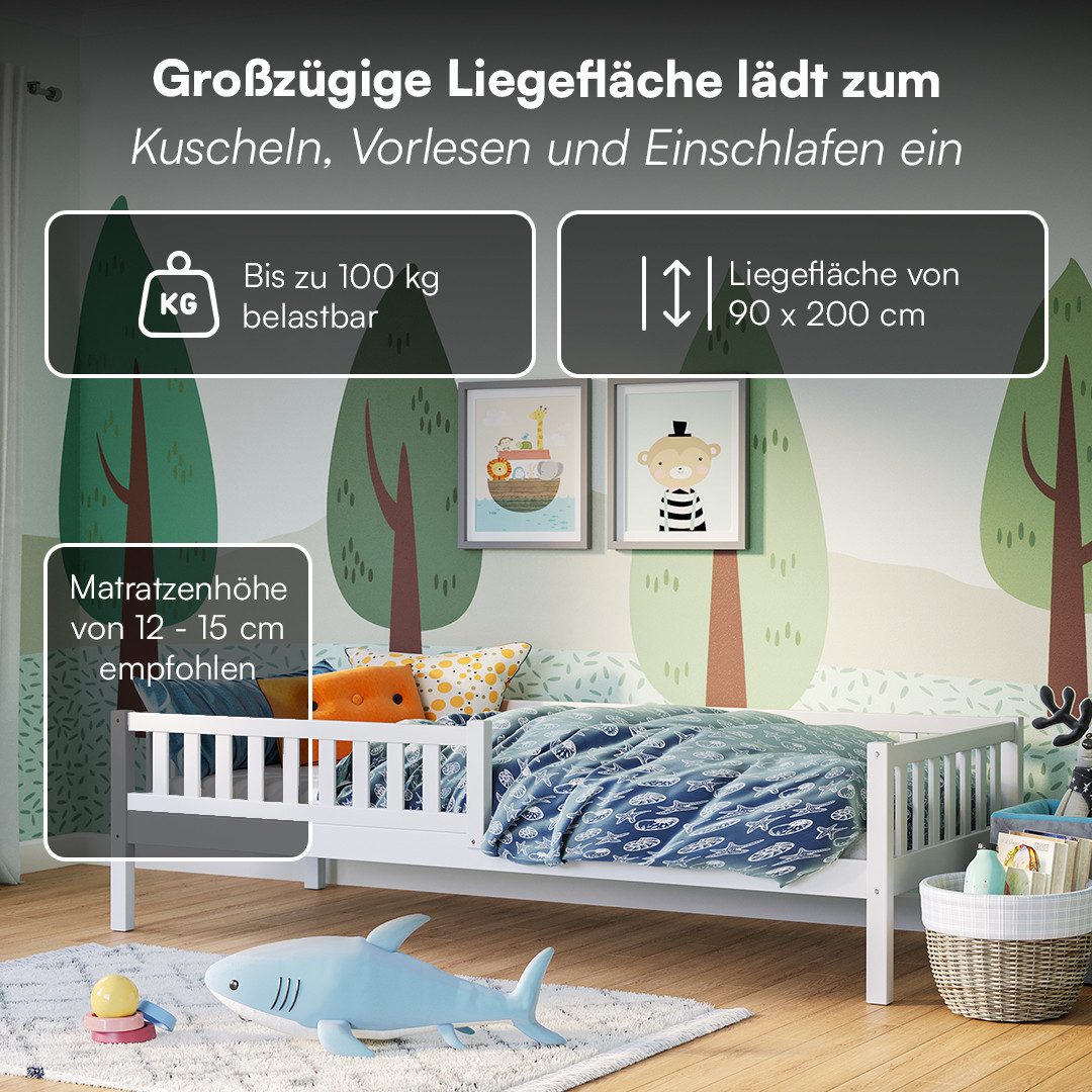 Bellabino Kinderbett Vils 90x200 cm mit Rausfallschutz, Lattenrost, Kiefer Massivholz (weiß, optional mit Matratze) – Bild 5 von 5