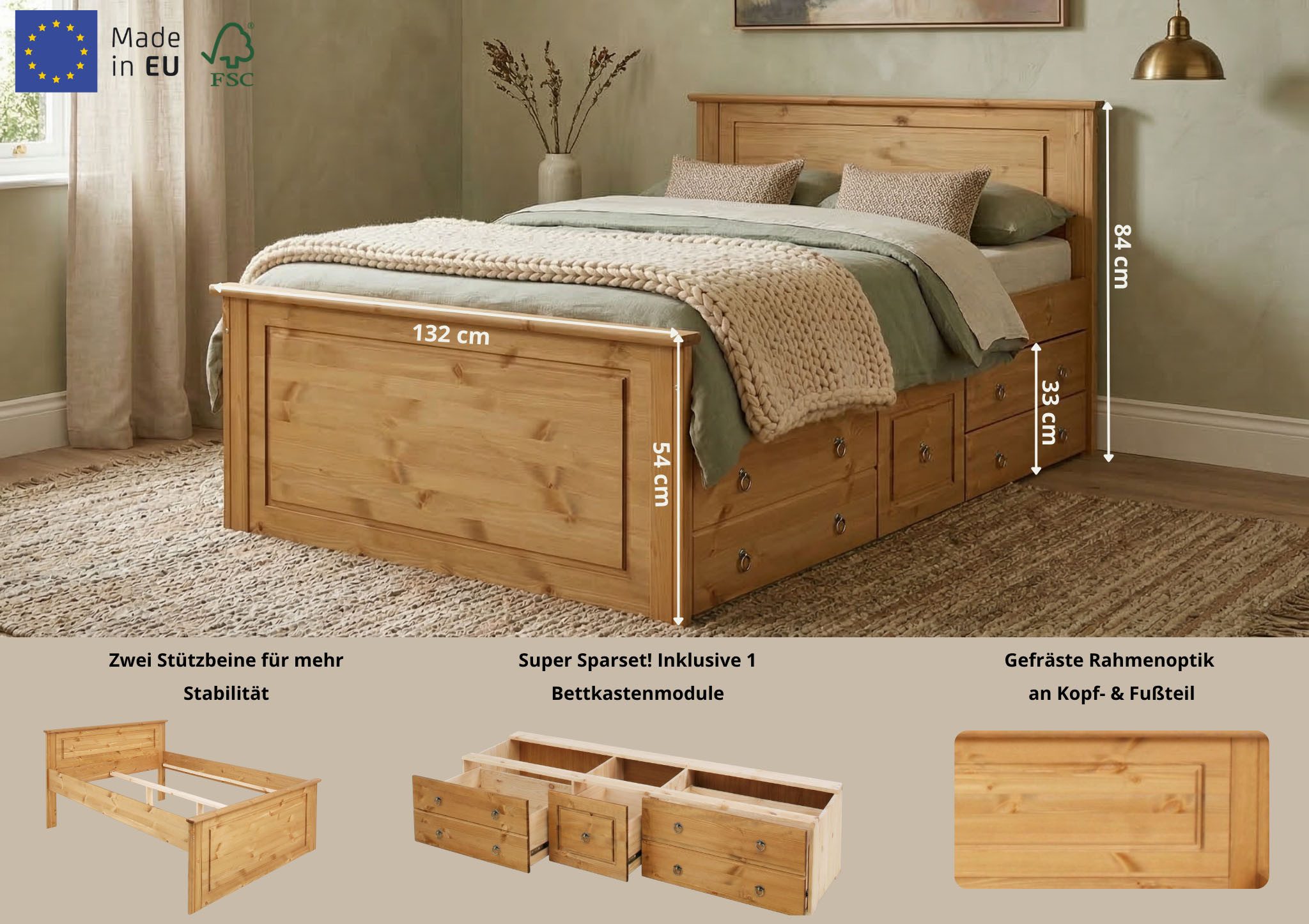 OTTO home Massivholzbett Hugo, FSC® zertifiziert, Landhausstil, zeitlos und edel (auch als Super Sparset inklusive Schubkästen), Stauraumbett, extra belastbar,  – Bild 2 von 5