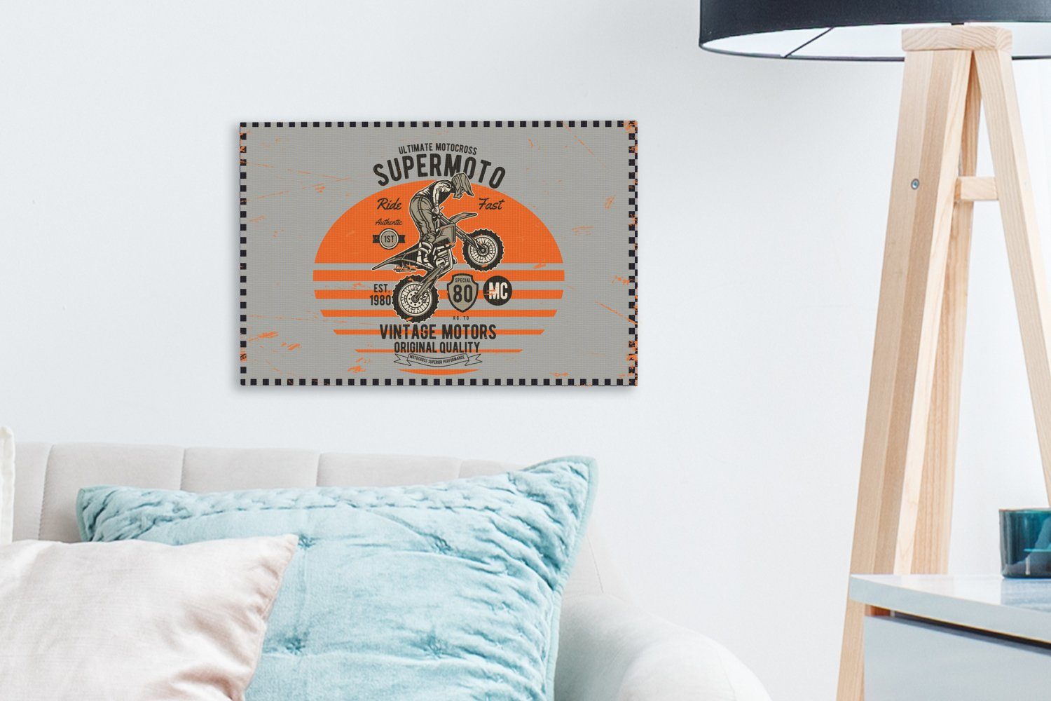 Grau, Motorrad - - (1 Orange - Wandbild Leinwandbild Mancave cm OneMillionCanvasses® Wanddeko, Leinwandbilder, - Aufhängefertig, St), 30x20 Vintage
