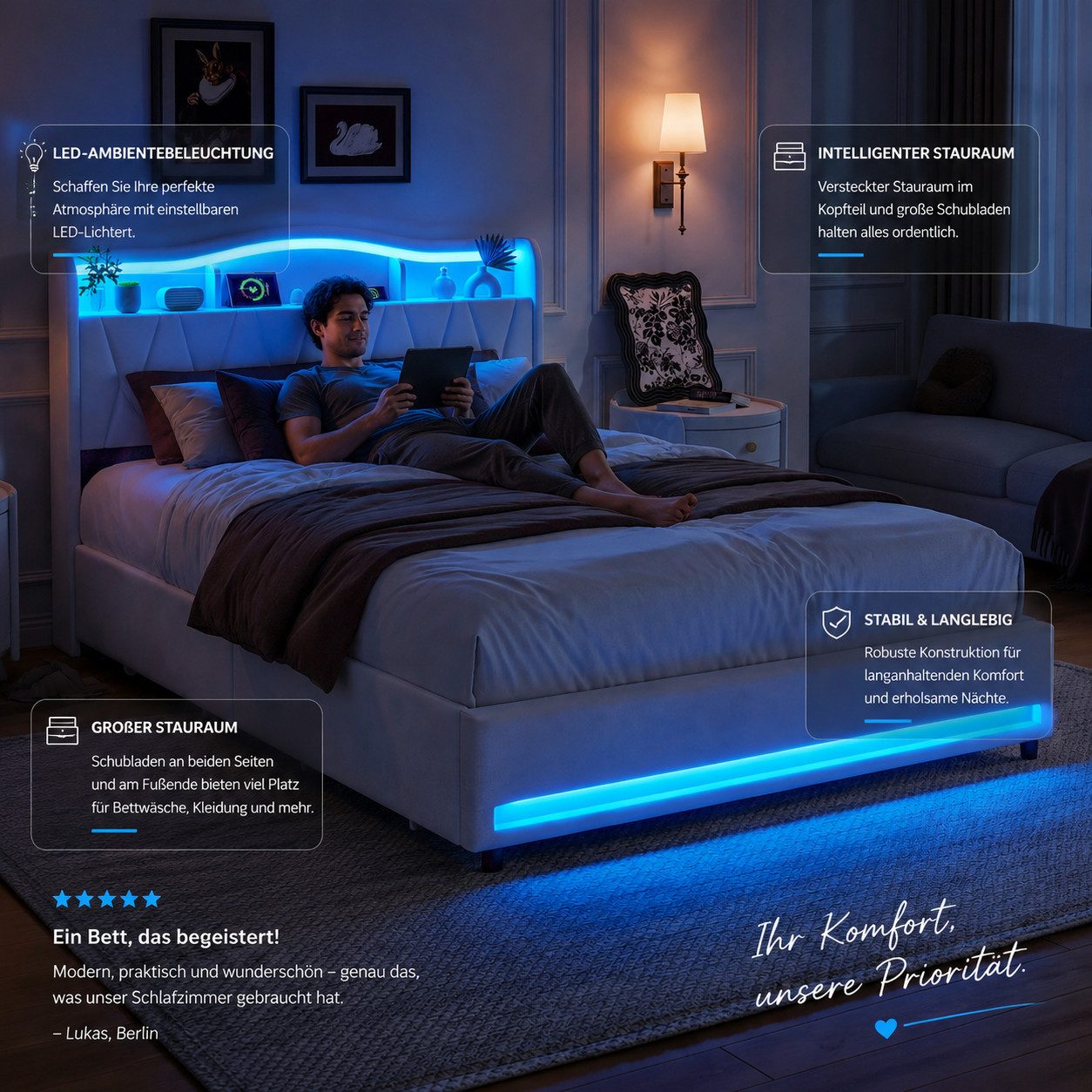 Simurq Polsterbett 160x200cm LED USB Stauraum Samt Grau (USB-Ladeanschluss), LED,USB,Stauraum,Samt,Beige,Lattenrost – Bild 3 von 5