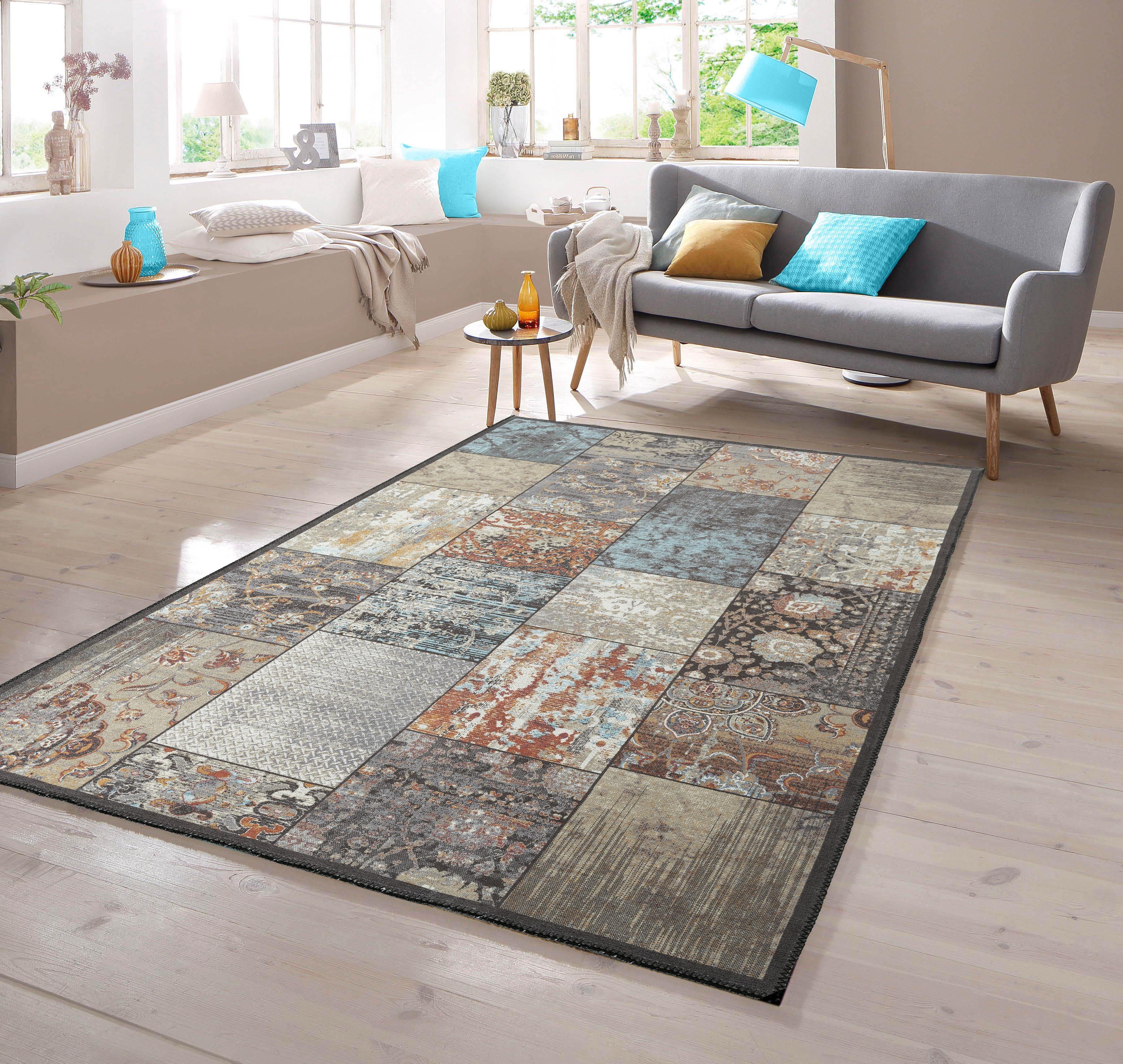 Teppich Moderner Teppich mit Quadraten gemustert mehrfarbig, TeppichHome24,  rechteckig, Höhe: 7 mm