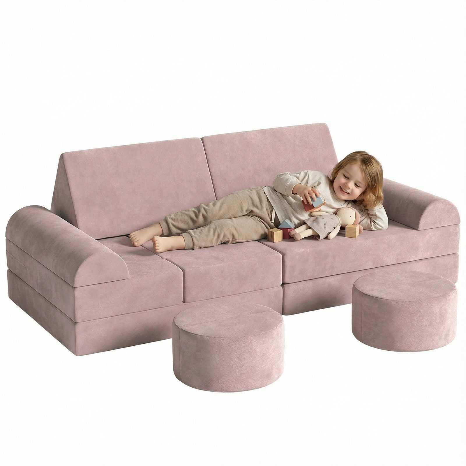 TLGREEN Kindersofa 15-teilig–Spielsofa aus weichem Samt & hochdichtem Schaum, fördert Kreativität, verstellbar als Auto, Burg, Tunnel, maschinenwaschbar