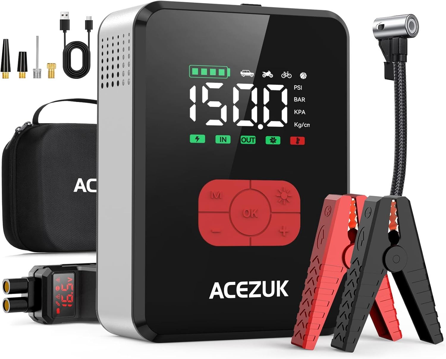 Acezuk Starthilfegerät Auto-Starthilfe 7000A Luftkompressor 26800 mAh (12, 26,8 V), 3 in 1 Booster mit 150 PSI Kompressor & 3,3″ Display