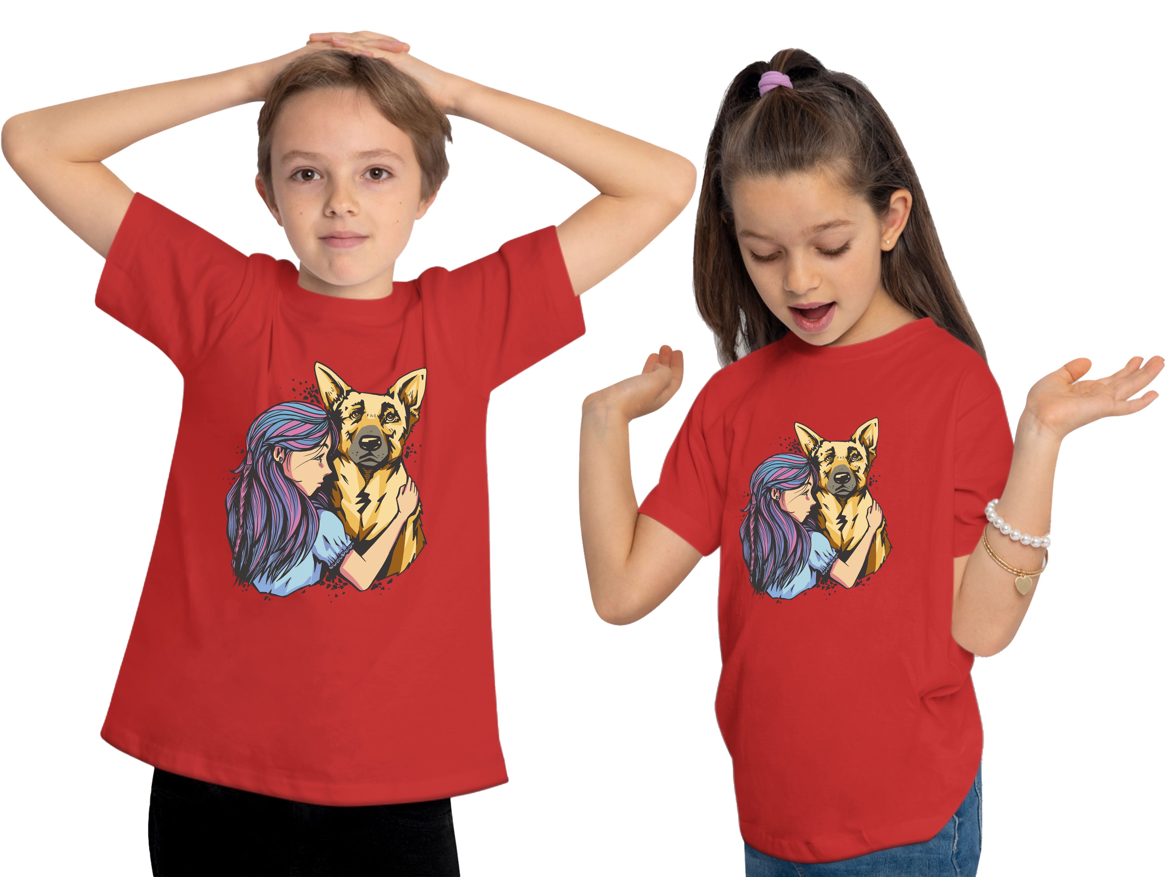 MyDesign24 T-Shirt Kinder Hunde Print bedruckt mit - Schäferhund rot Aufdruck, i258 Baumwollshirt Shirt mit Mädchen