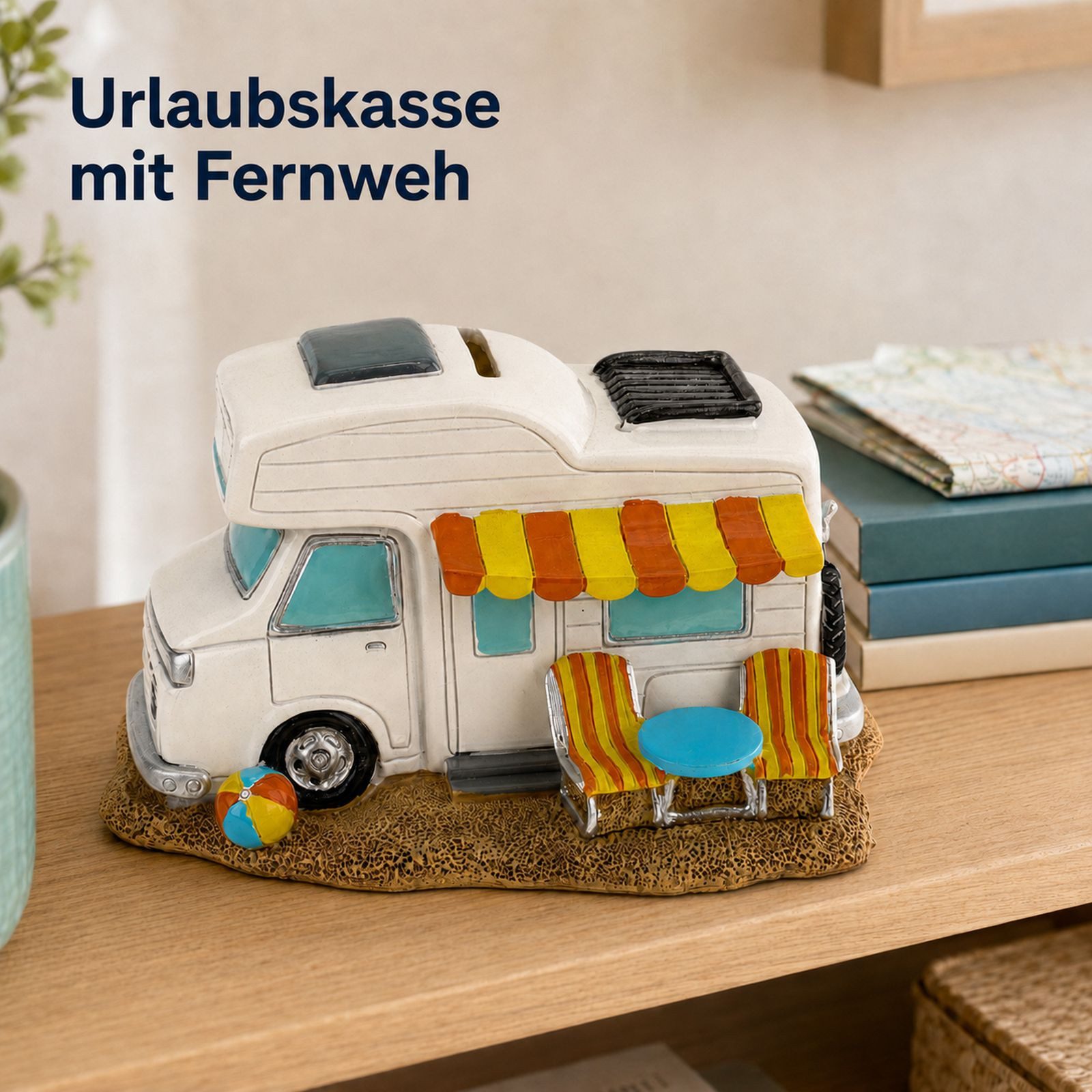 Kremers Schatzkiste Spardose Wohnmobil mit Drehverschluss 17 cm Urlaubskasse & Geldgeschenk, Handbemalt – Bild 2 von 5