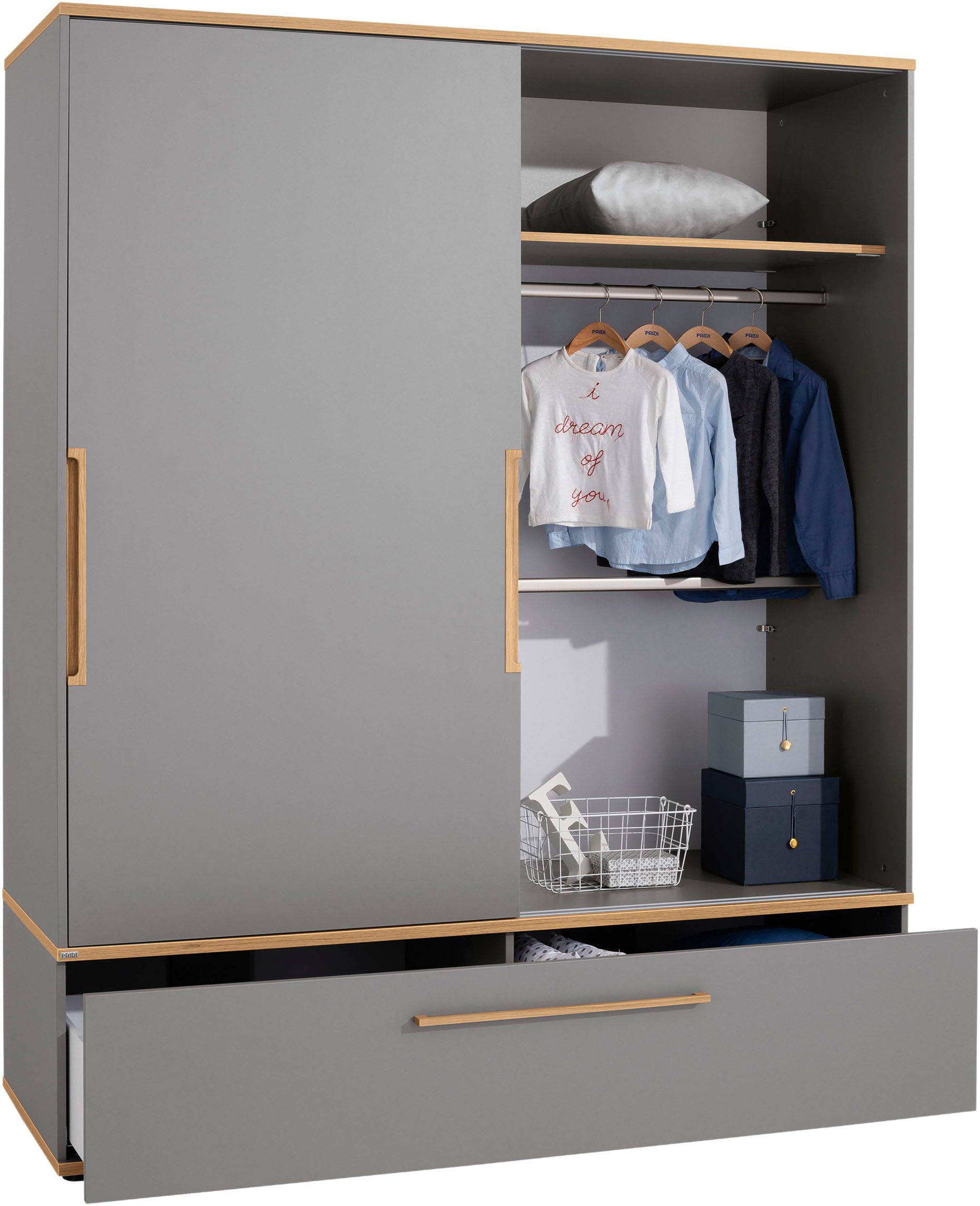 PAIDI Schiebetürenschrank STIENE in Beige oder Grau, 2 Türen und 1 Schublade mit Soft-Close (B/H/T ca. 164/200/62cm) mit Kleiderstangen+Einlegeböden, Kleiderschrank mit Massivholzgriffen