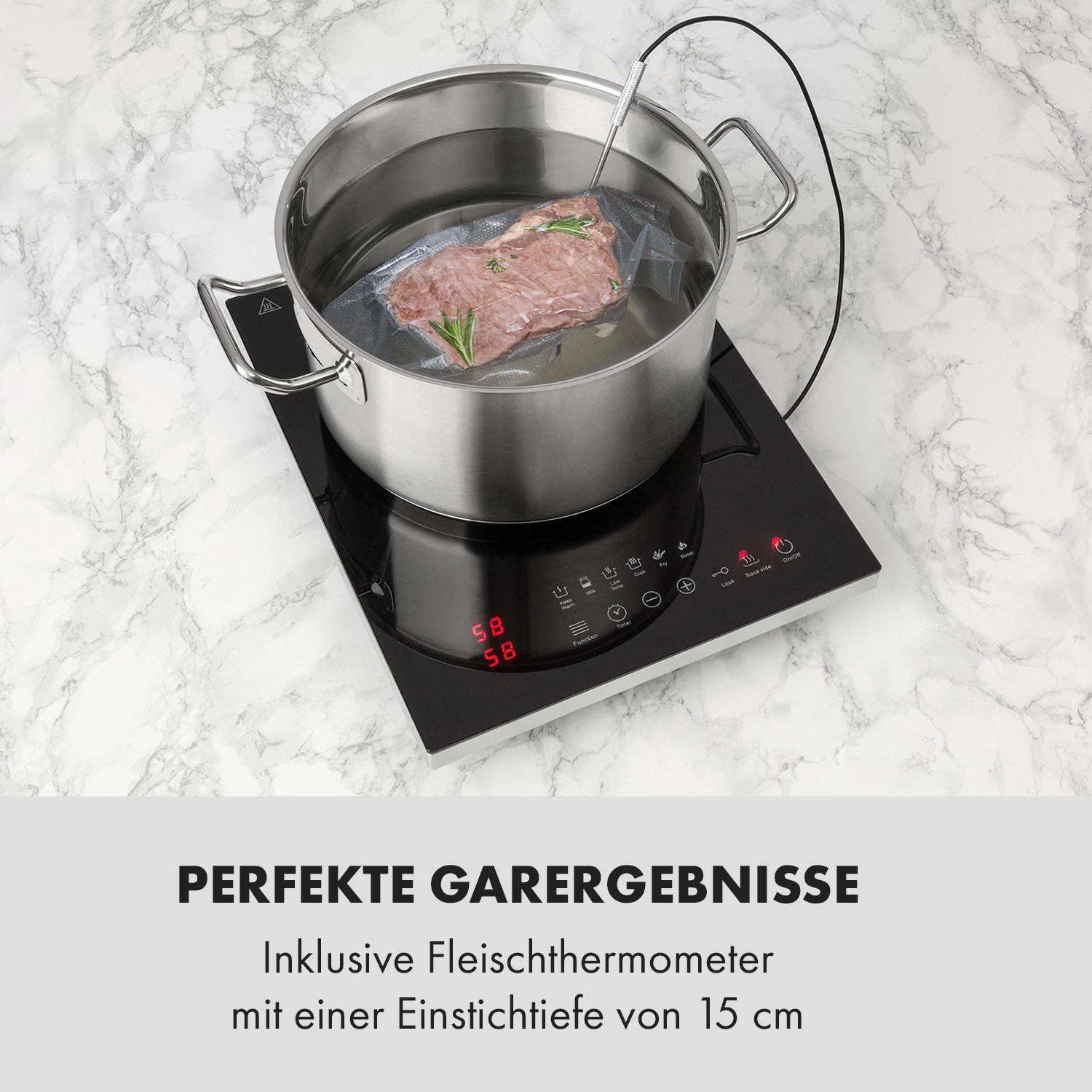 Klarstein Induktions-Kochfeld Cook n Roll, Induktionskochfeld 2000W Timer 10 Stufen Bratenthermometer