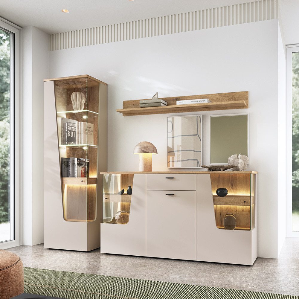 Lomadox Esszimmer-Set CARMONA-129, (Spar-Set, 3-St., Sideboard Vitrine Wandregal), in kaschmir und Eiche, inkl. LED-Beleuchtung