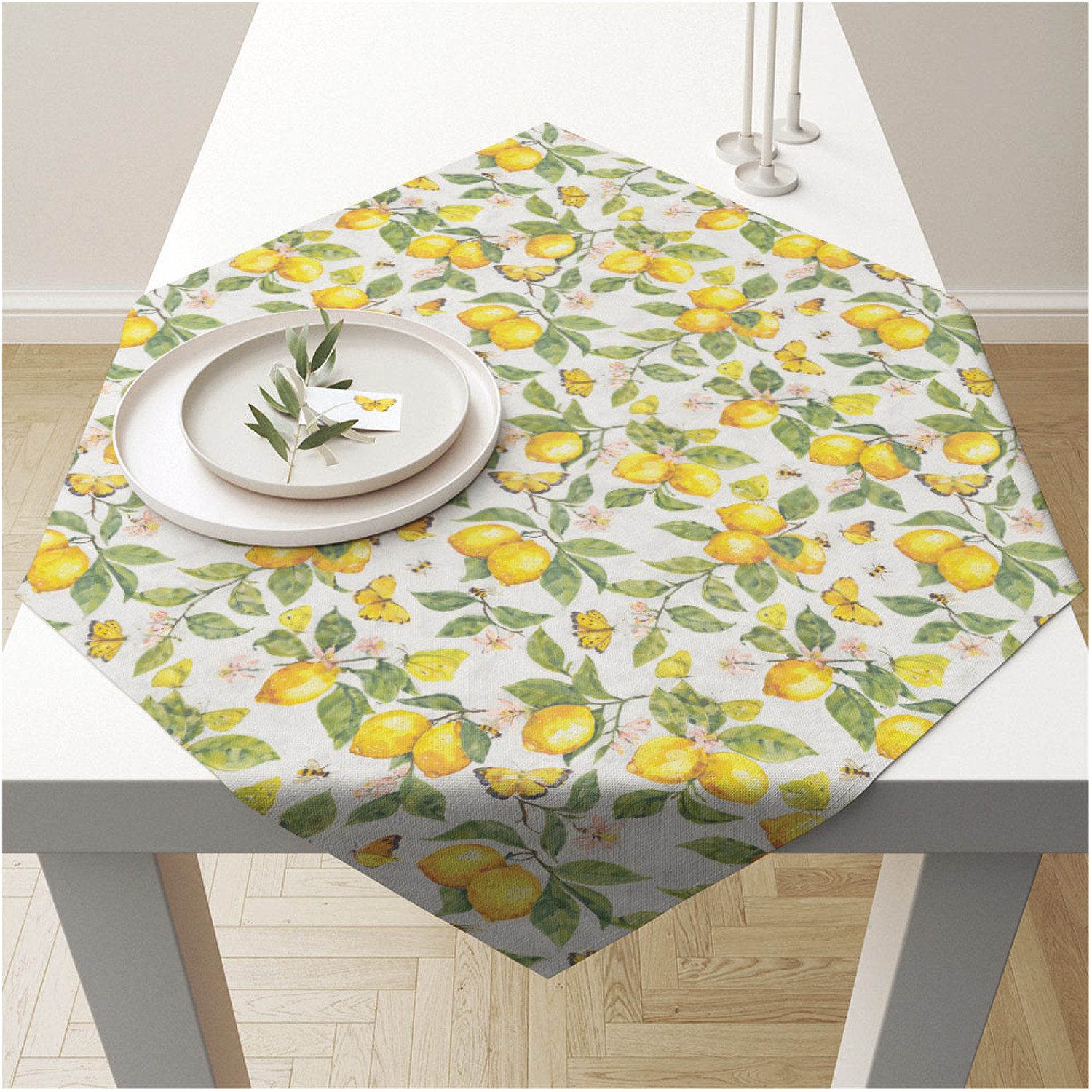 Ambiente® Tischläufer Fresh lemons (1-tlg, 1-teilig), quadratische Tischdecke Mitteldecke ca.90x90cm Baumwolle