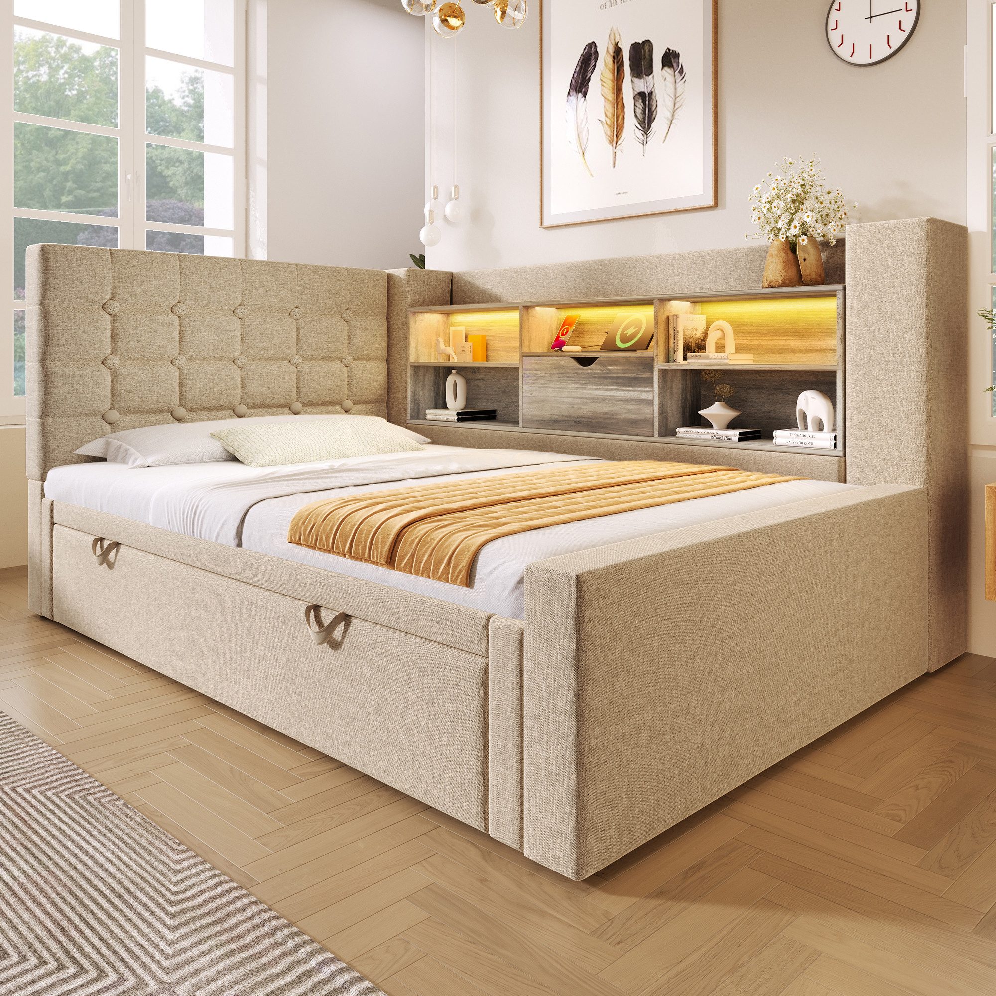 Flieks Daybett mit L-förmigem Kopfteil, Polsterbett 90x200cm mit Ausziehbett 90x190cm, LED-Leiste, USB/TYP-C – Bild 3 von 5