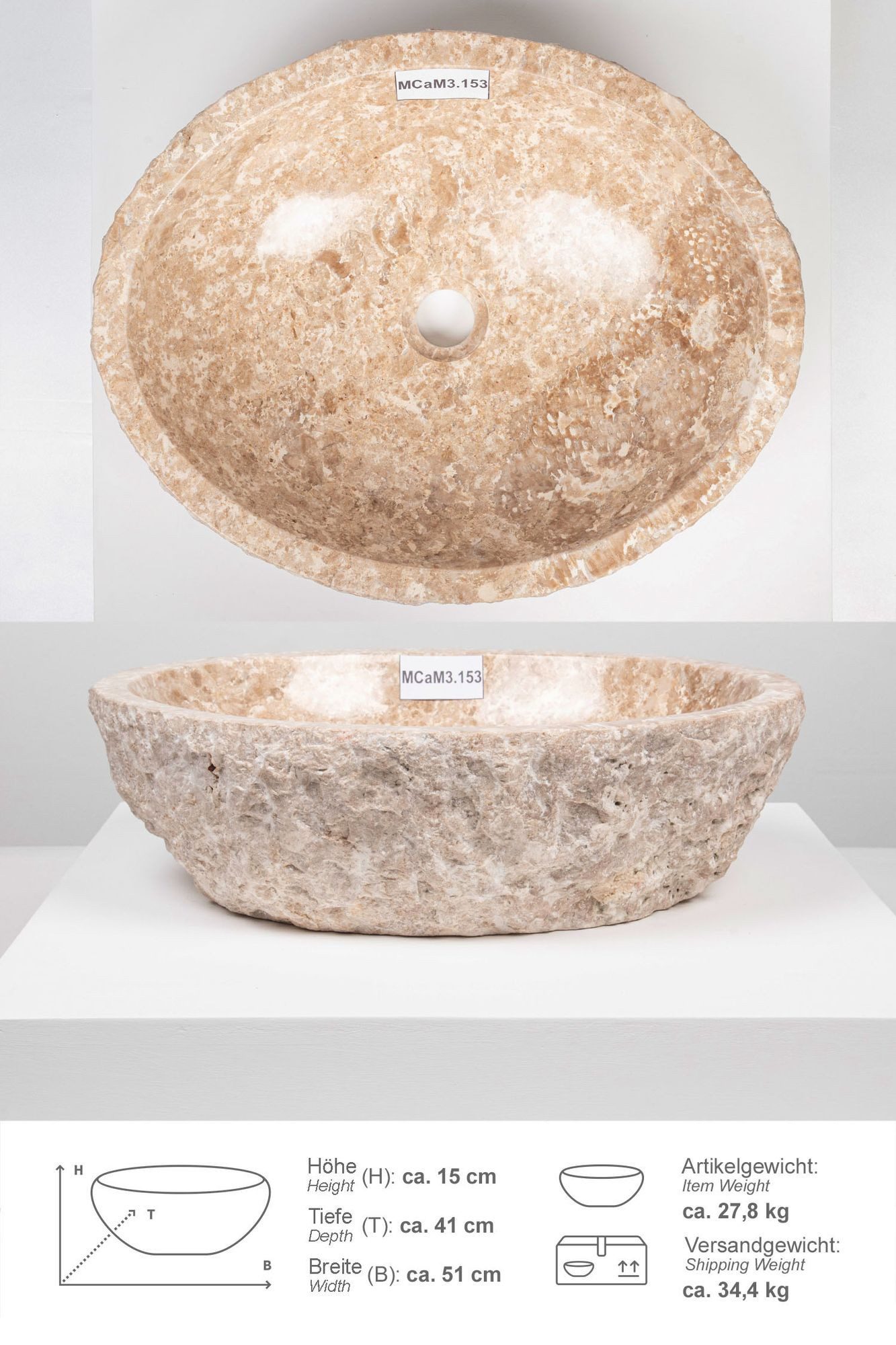 wohnfreuden Aufsatzwaschbecken Erosi Marmor Раковины 50 cm creme (Kein Set), 125881_MCaM3.153