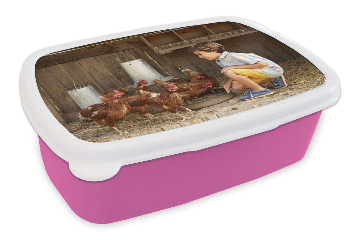 MuchoWow Lunchbox Junge - Hühner - Hühnerstall, Kunststoff, (2-tlg), Brotbox für Erwachsene, Brotdose Kinder, Snackbox, Mädchen, Kunststoff rosa | Lunchboxen