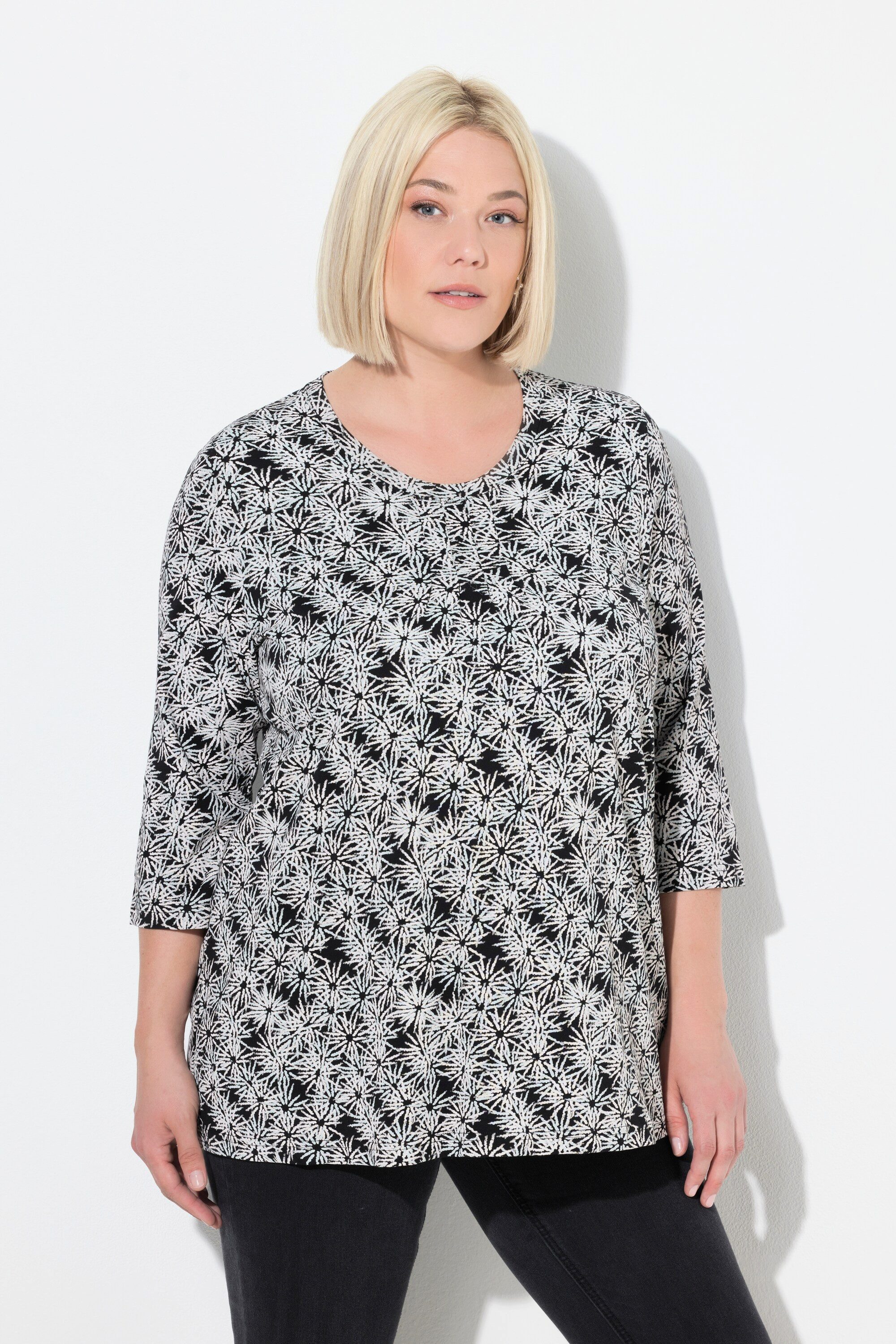 Ulla Popken T-Shirt Shirt Blüten A-Linie Rundhals 3/4-Arm günstig online kaufen