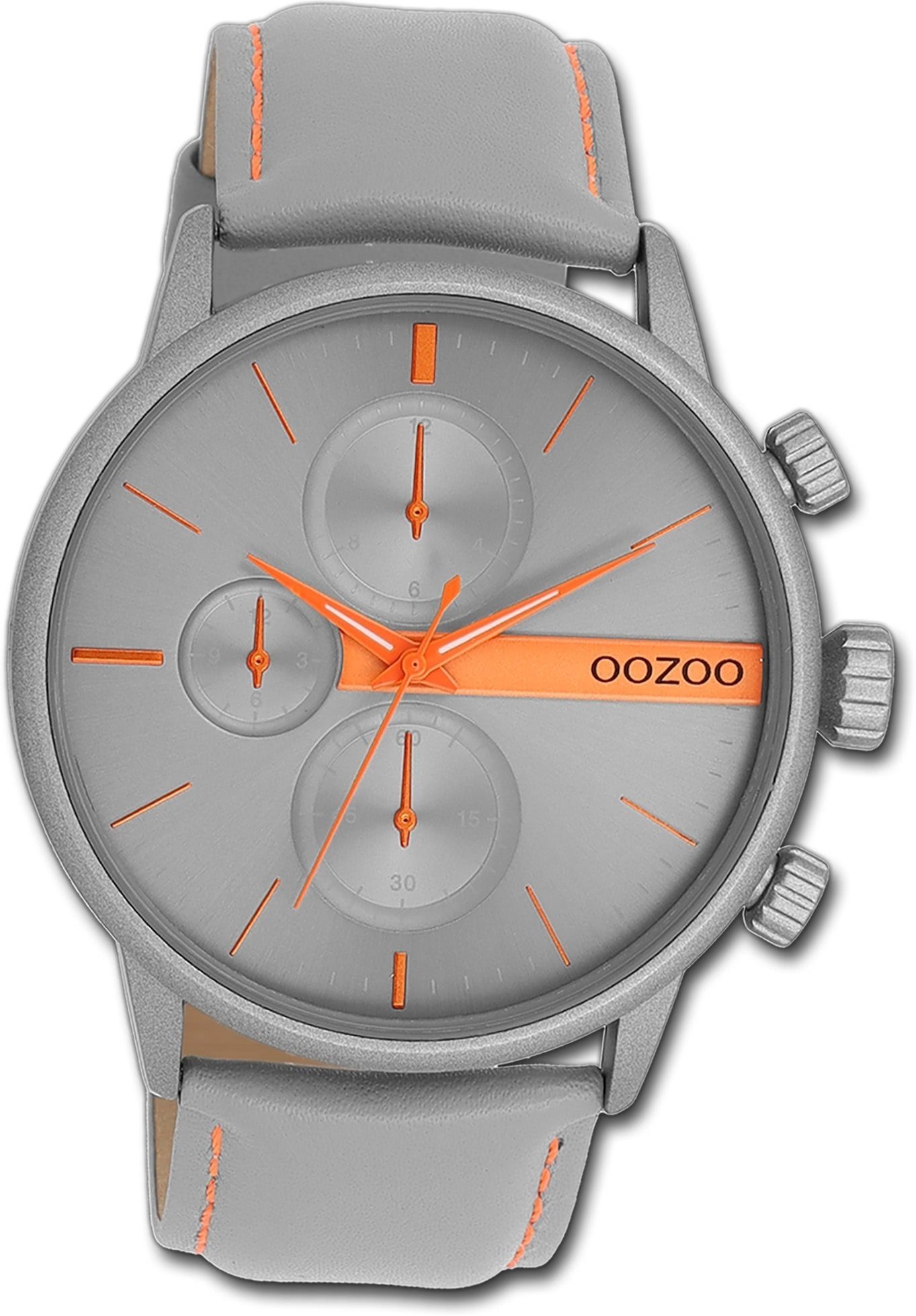 Armbanduhr grau, (ca. rundes Oozoo OOZOO Quarzuhr Lederarmband 45mm) groß Timepieces, Herrenuhr Gehäuse, Herren