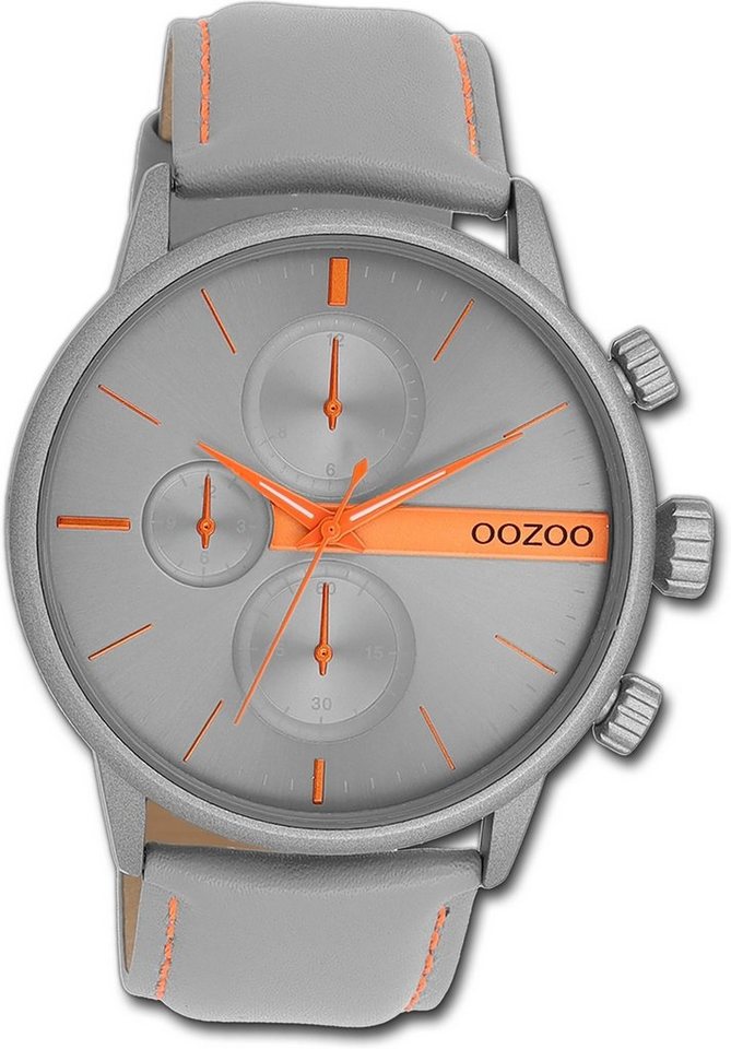 OOZOO Quarzuhr Oozoo Herren Armbanduhr Timepieces, Herrenuhr Lederarmband  grau, rundes Gehäuse, groß (ca. 45mm)
