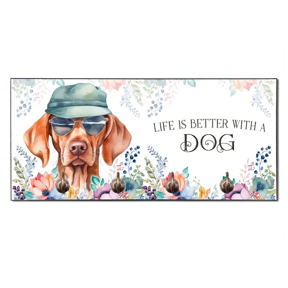 Cadouri Wandgarderobe VIZSLA Hundegarderobe - Wandboard für Hundezubehör (Garderobe mit 4 Haken), MDF, mit abgeschrägten Ecken, handgefertigt, für Hundebesitzer