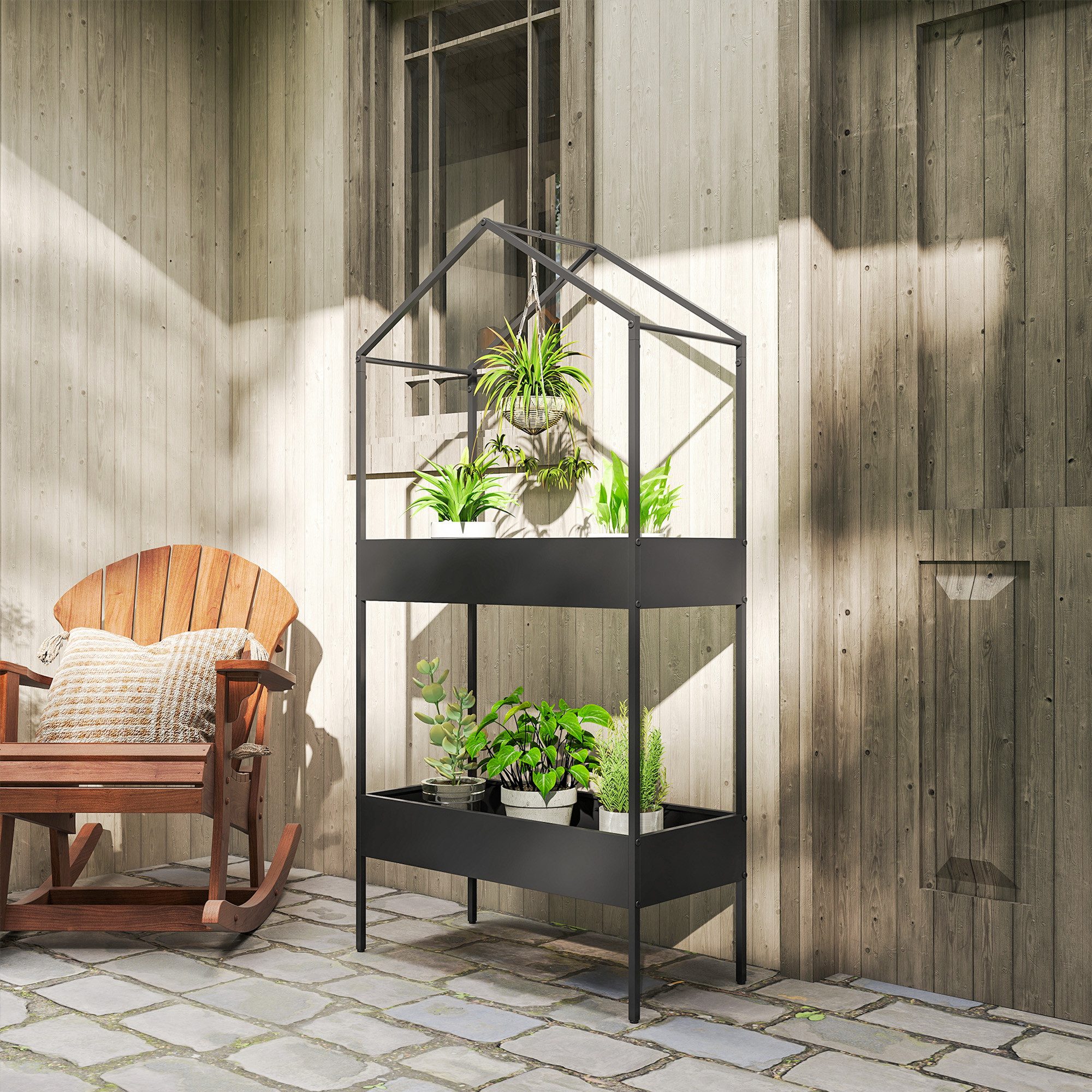 Outsunny Pflanzentreppe in Hausform, mit Haken (Blumenständer, 1 St., Pflanzenständer), für Garten Balkon Deko, Schwarz