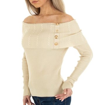 Ital-Design Strickpullover Damen Freizeit Zierknöpfe Stretch Strickpullover in Creme