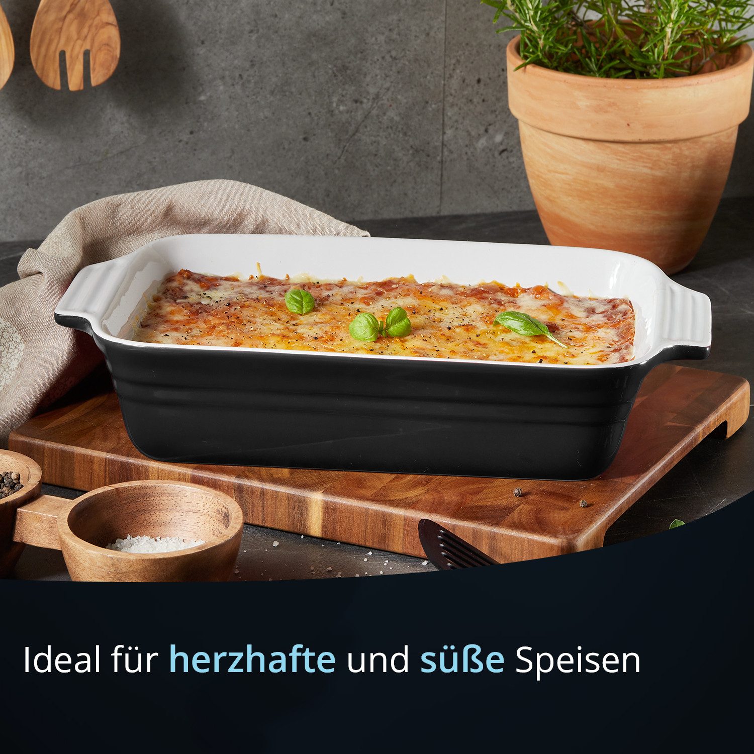 KHG Auflaufform groß 40 cm Schwarz für 4-6 Personen, Steingut, (1-St), Antihaft (mit Emaile glasiert)