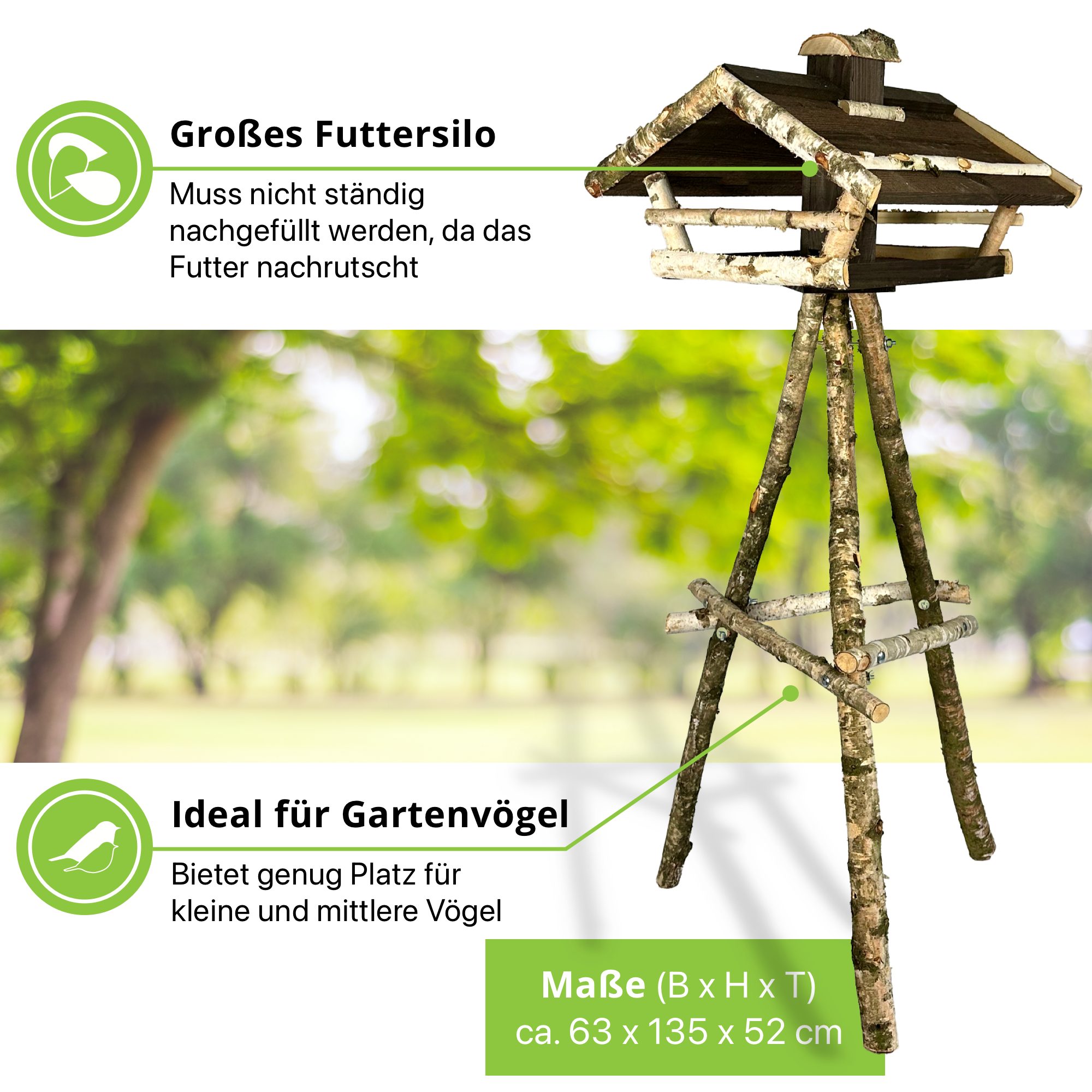gartenetage Vogelhaus Birkenfutterstelle mit Holzdach inkl. Ständer, liebevolle Handarbeit, Wetterfest