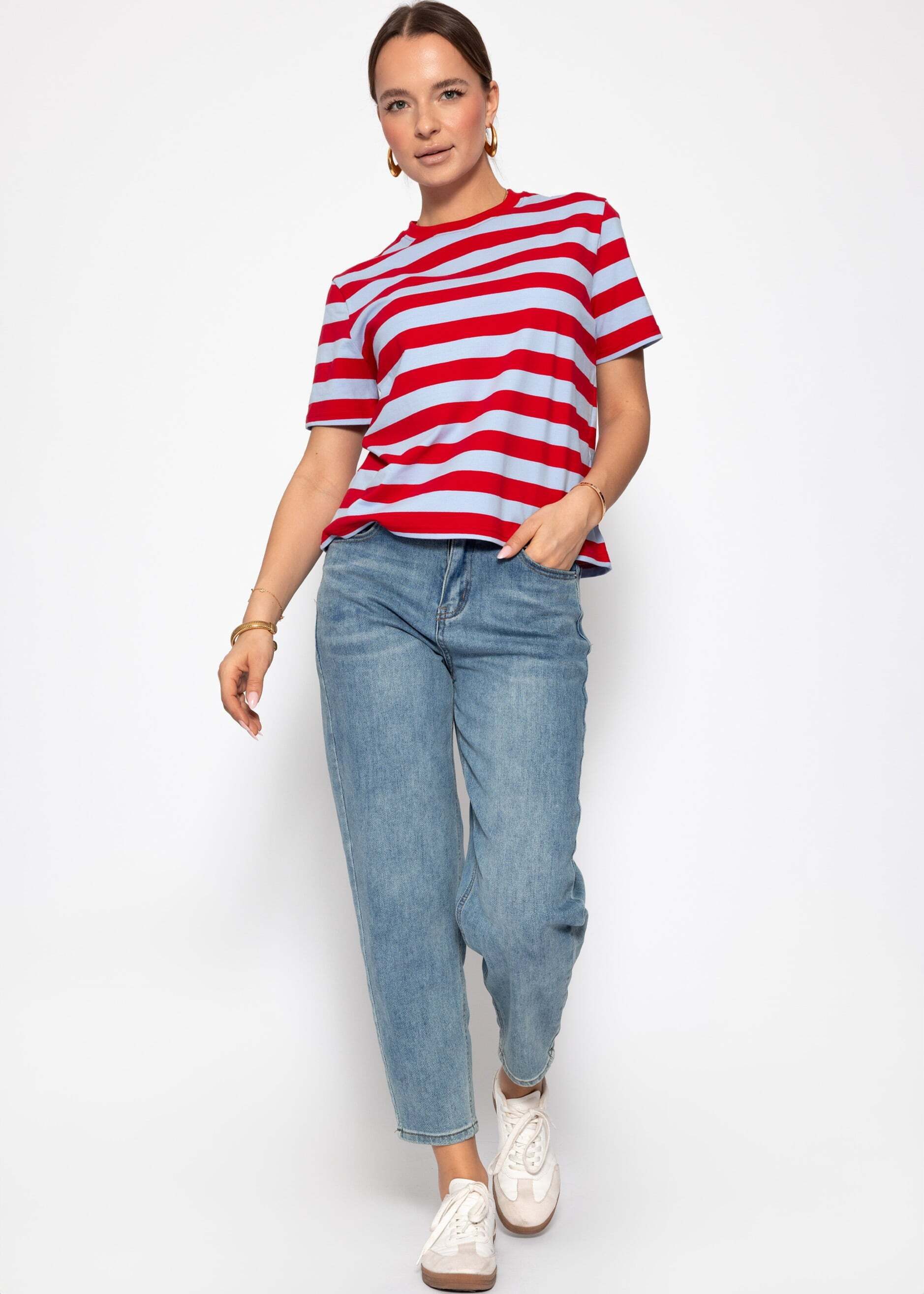 SASSYCLASSY T-Shirt Shirt mit Blockstreifen für Damen Oversize T-Shirt mit Rundhalsausschnitt und kurzen Ärmeln