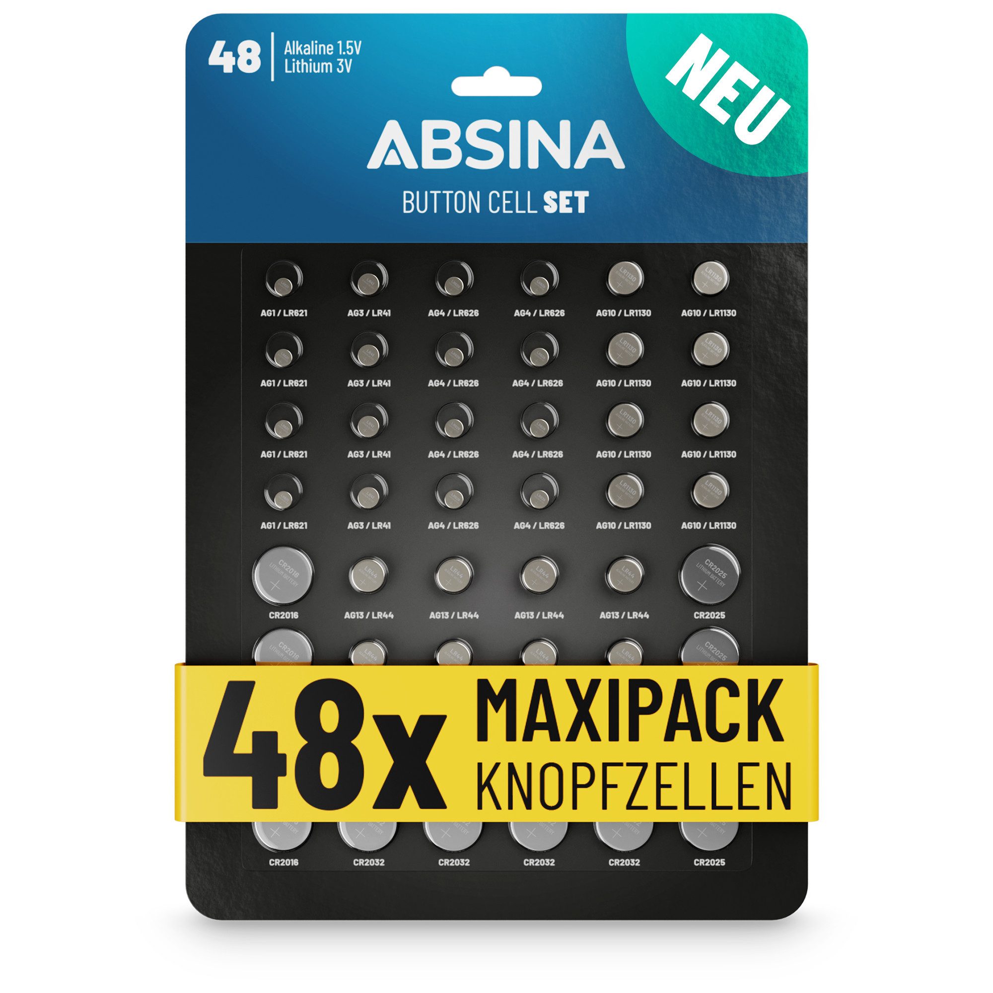 ABSINA 48er Pack Knopfzellen AG1 AG3 AG4 AG10 AG13 CR2016 CR2025 CR2032 Knopfzelle, (2 St)