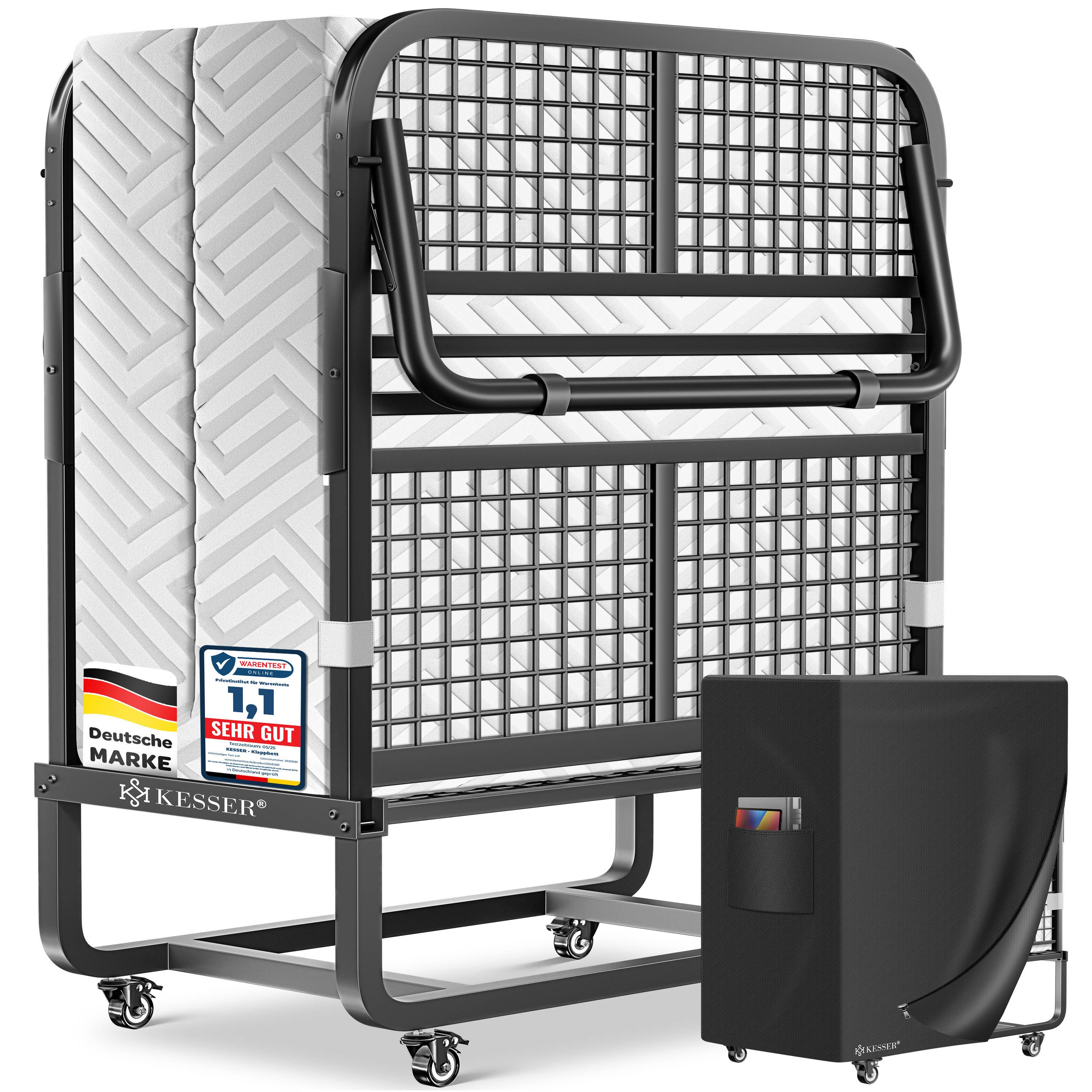 KESSER Gästebett 200x90cm Klappbett faltbares Reisebett mit Metallrahmen für Erwachsene (Metall Bett inkl. Matratze aus Memory-Schaum, Räder & Schutzhülle) Mobiles Bett belastbar bis 250kg mit abnehmbarem Bezug