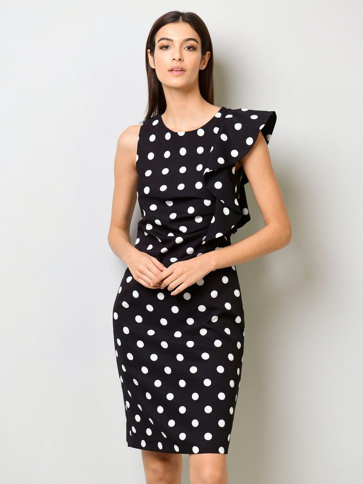 Alba Moda Etuikleid Gepunktetes Volantkleid in Midi-Länge Gepunktetes Design mit rundem Ausschnitt und ohne Verschluss