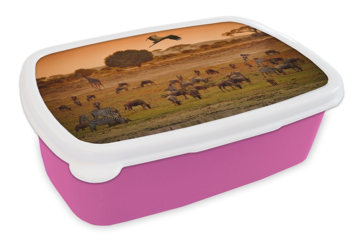 MuchoWow Lunchbox Gnus beim Grasen zwischen anderen Wildtieren in Kenia, Kunststoff, (2-tlg), Brotbox für Erwachsene, Brotdose Kinder, Snackbox, Mädchen, Kunststoff rosa