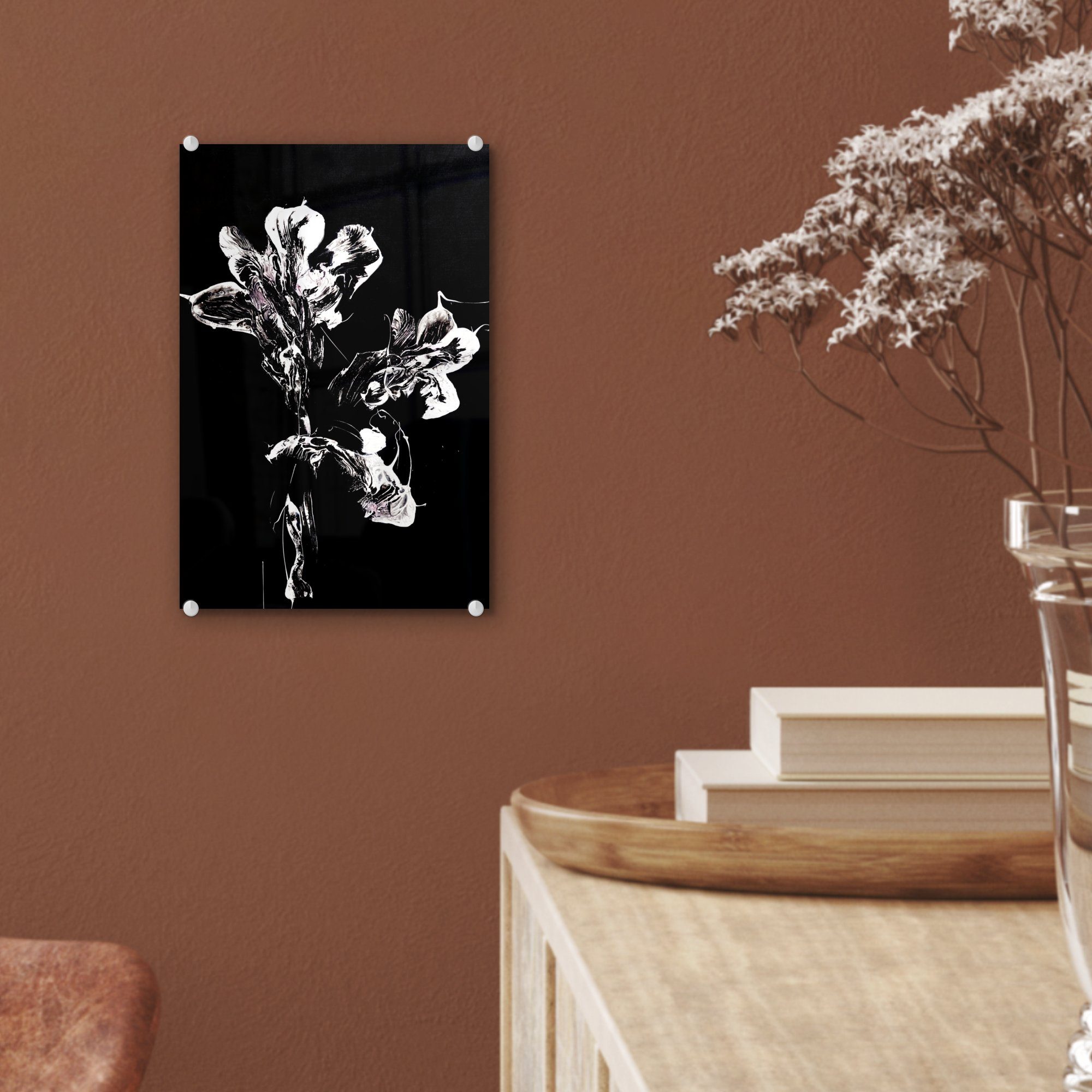 - - Weiß, - Schwarz Wanddekoration Glas Wandbild Foto MuchoWow - St), Glas (1 Glasbilder auf Bilder auf Acrylglasbild - Blumen Farbe -