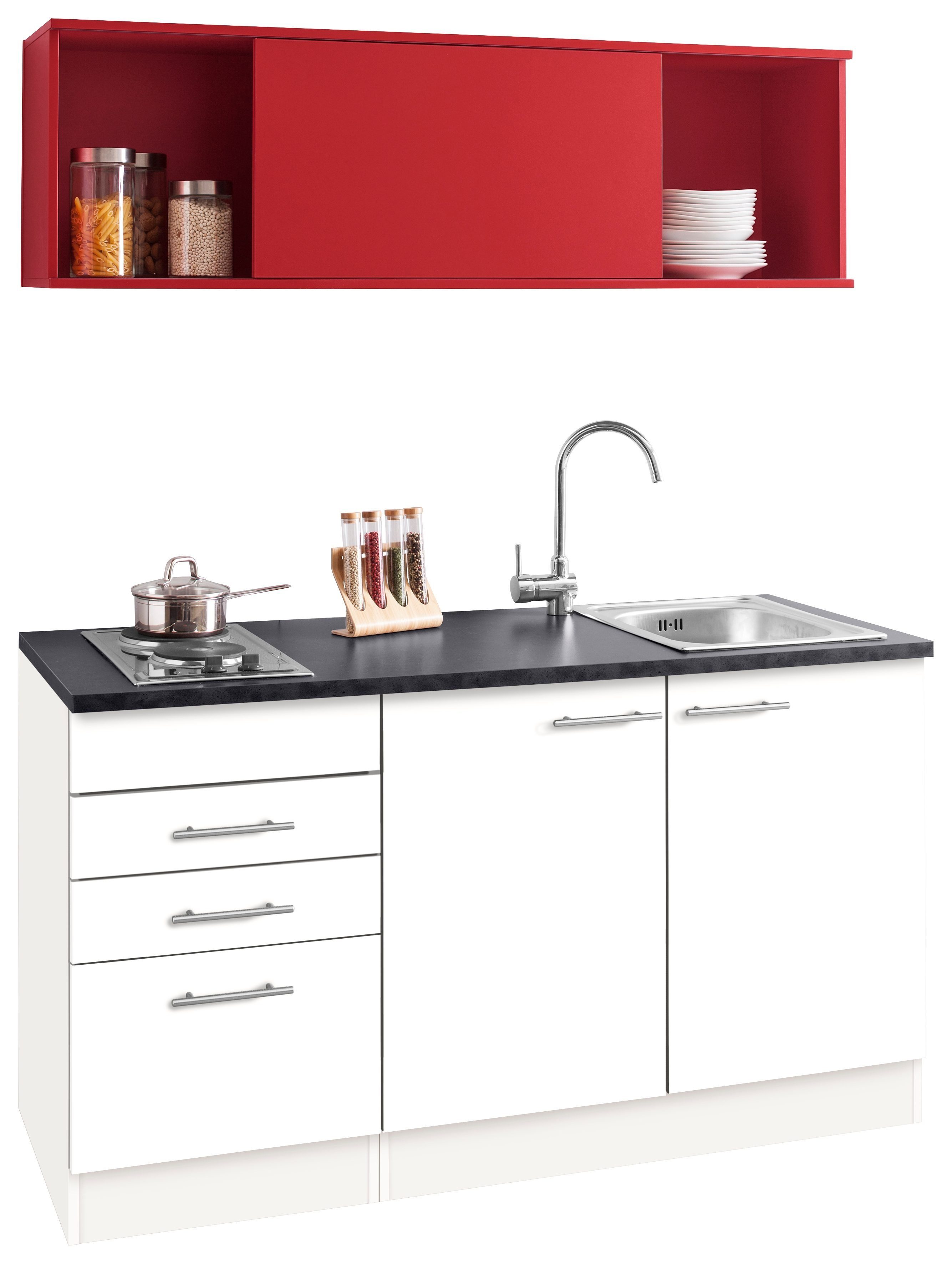 Küchenzeile OPTIFIT Breite 150 weiß Mini, weiß/rot/anthrazit E-Geräten, mit cm |