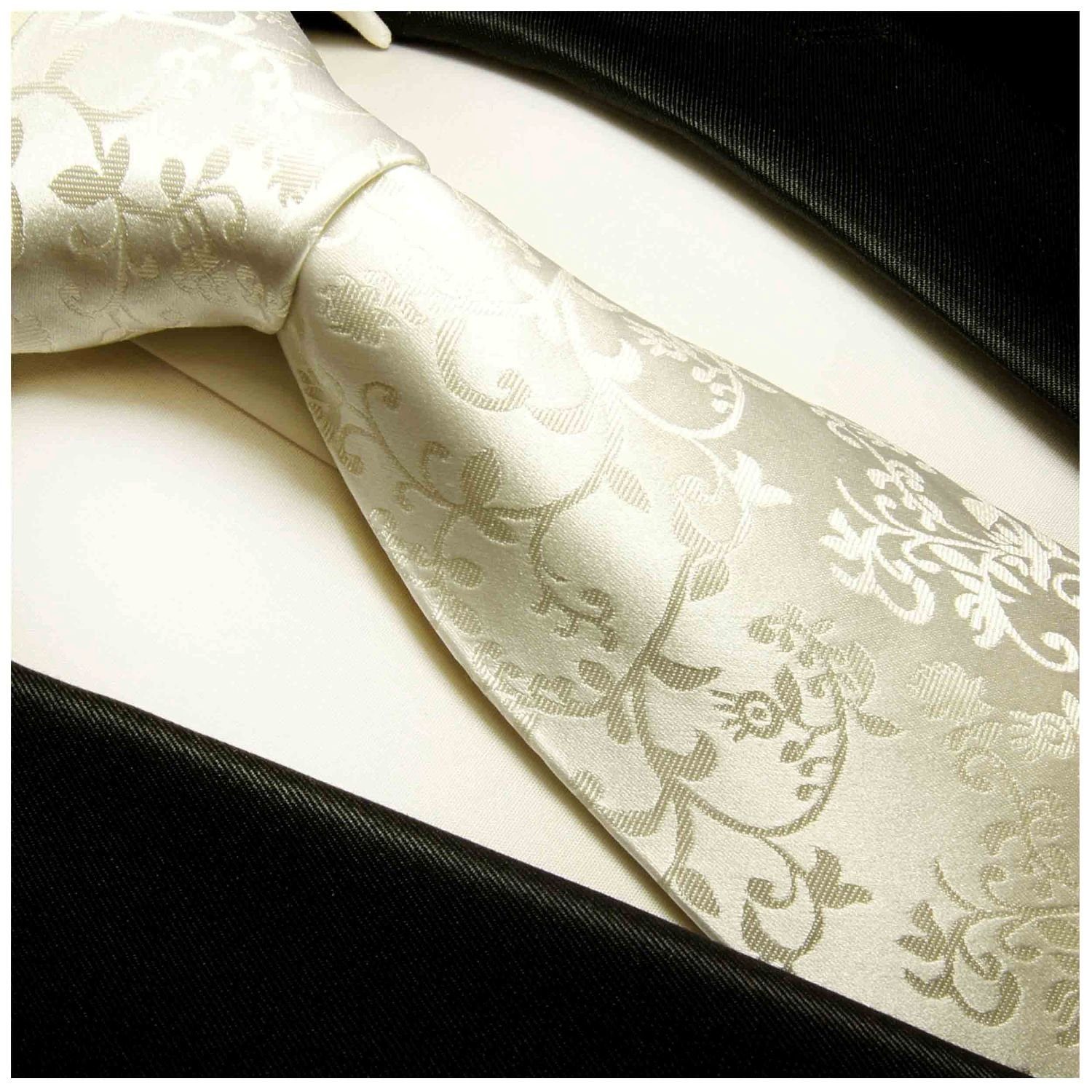 930 Seide 100% Paul Tuch Breit mit mit 2-St., (Set, Malone Einstecktuch) Hochzeit Hochzeitskrawatte ivory (8cm), floral Krawatte Bräutigam Krawatte