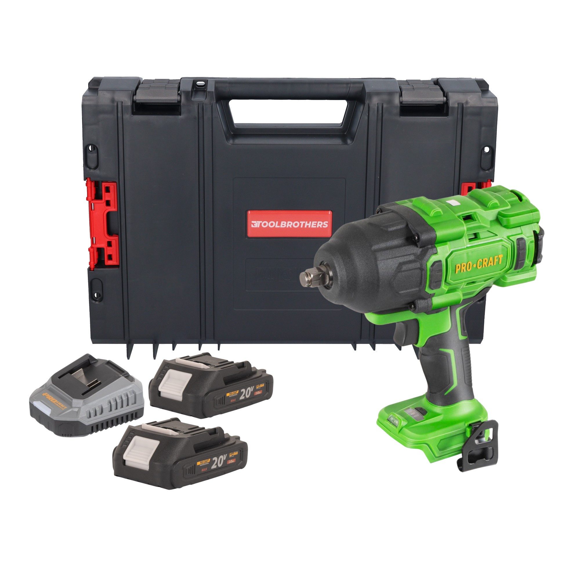 PRO CRAFT Akku-Schlagschrauber PWA80bb 20 V 1600 Nm + 2x Akku 2,0Ah + Ladegerät + RHINO Toolcase