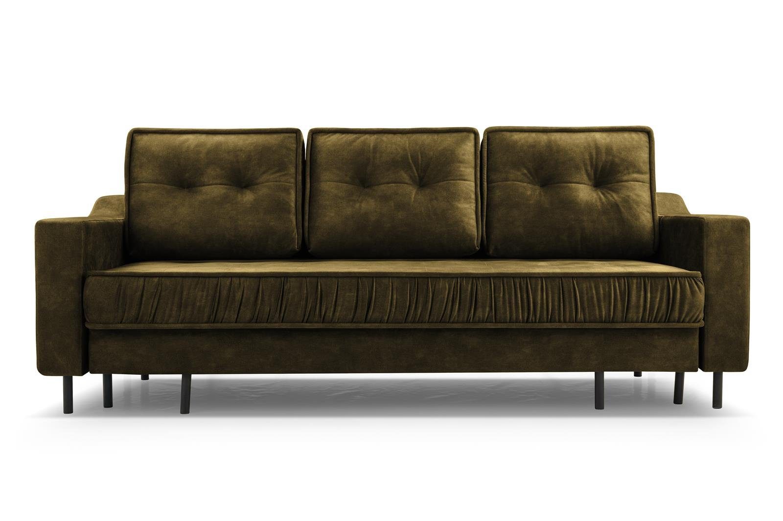 Beautysofa 3-Sitzer ALA, im aus Olive hohe Bettkasten Wohnzimmer, Schlaffunktion Metallbeine, Velours, skandinavisches Stil, Polstersofa 10) mit mit für (palladium und