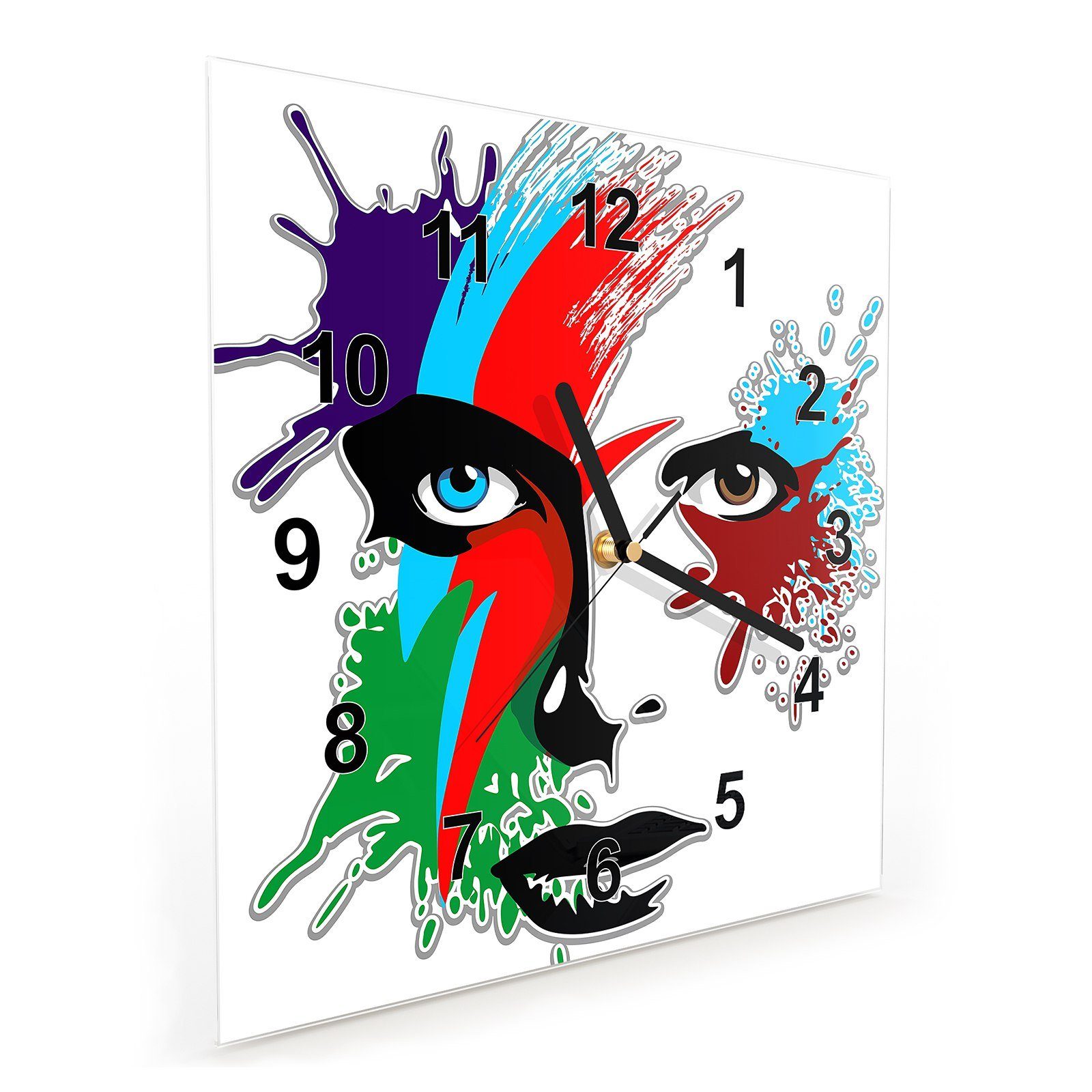 Motiv Wanduhr mit cm x Farbenfrohes Wanduhr Primedeco Wandkunst 30 30 Größe Glasuhr Gesicht