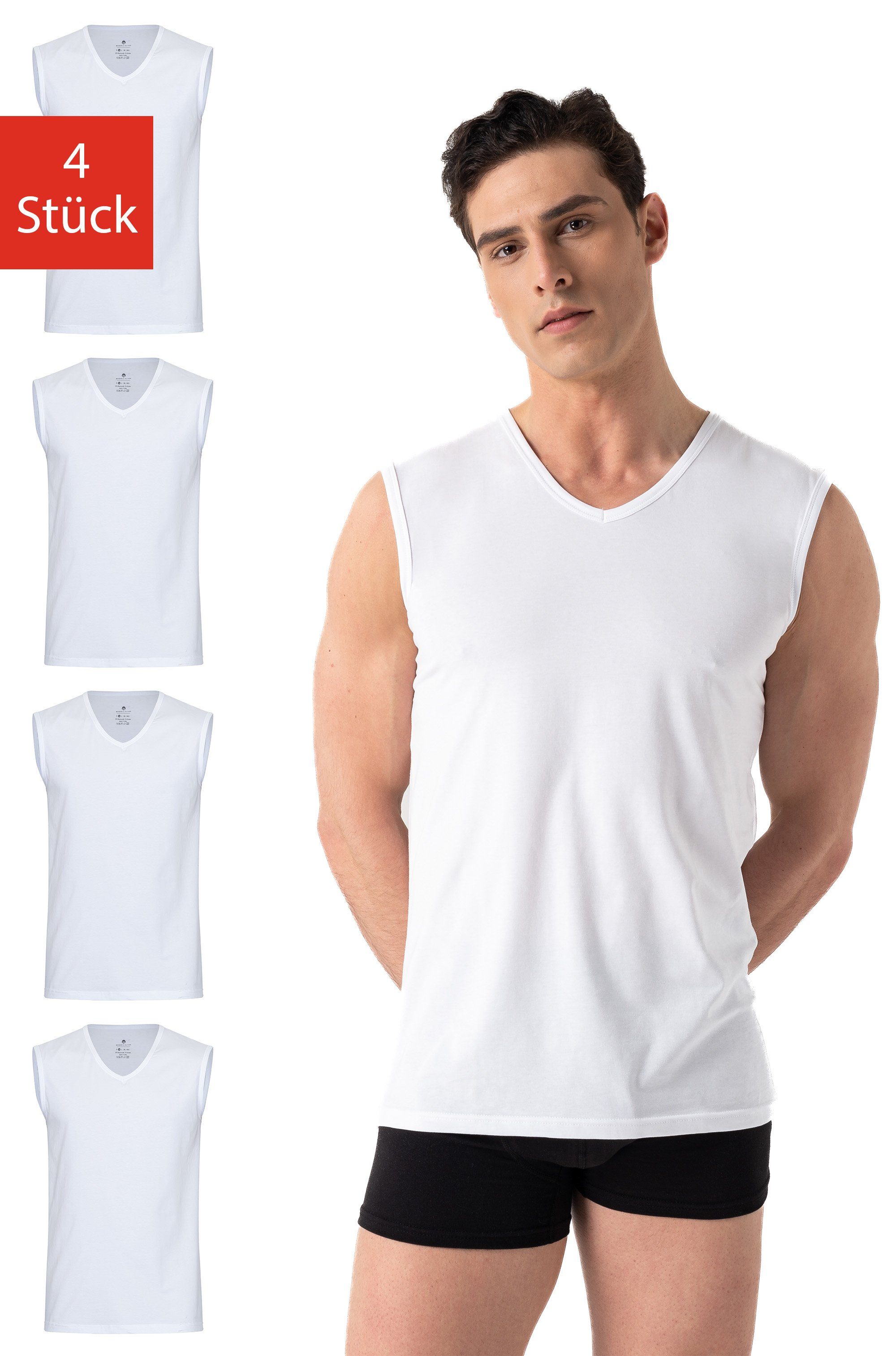 Burnell & Son Unterhemd Ärmellos Tank Top Achselshirt mit V-Ausschnitt für Herren (Packung, Set, Spar-Packung, 4-St., 4er-Pack) Feinripp, extra lang