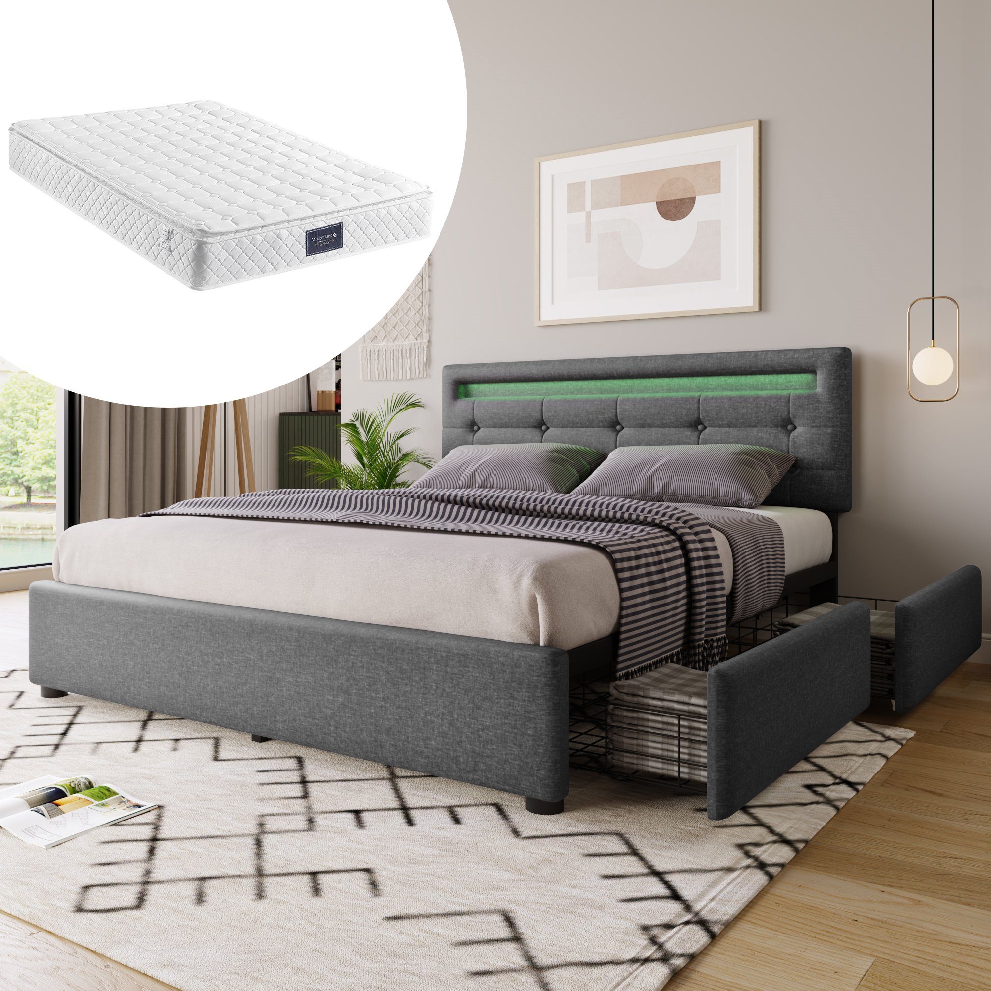 Polsterbett (mit LED-Beleuchtung, Fernbedienung und verstellbarem Kopfteil), Doppelbett mit Matratze, 4 Schubladen, Leinen, 140x200cm Bett