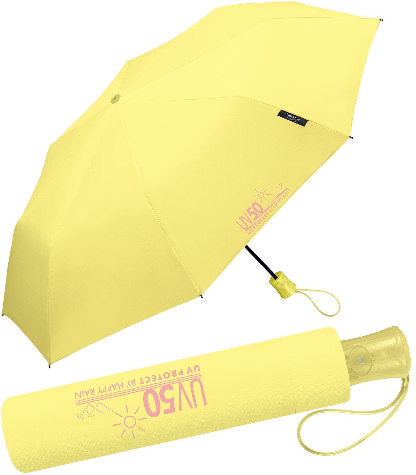 HAPPY RAIN Taschenregenschirm UV-Protect und mit Sonne vor Sonnenschutz, gelb Auf-Automatik schützt Regen UV50 und