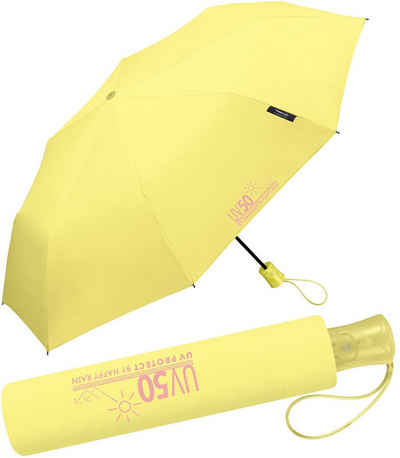 HAPPY RAIN Taschenregenschirm UV-Protect UV50 mit Auf-Automatik und Sonnenschutz, schützt vor Sonne und Regen