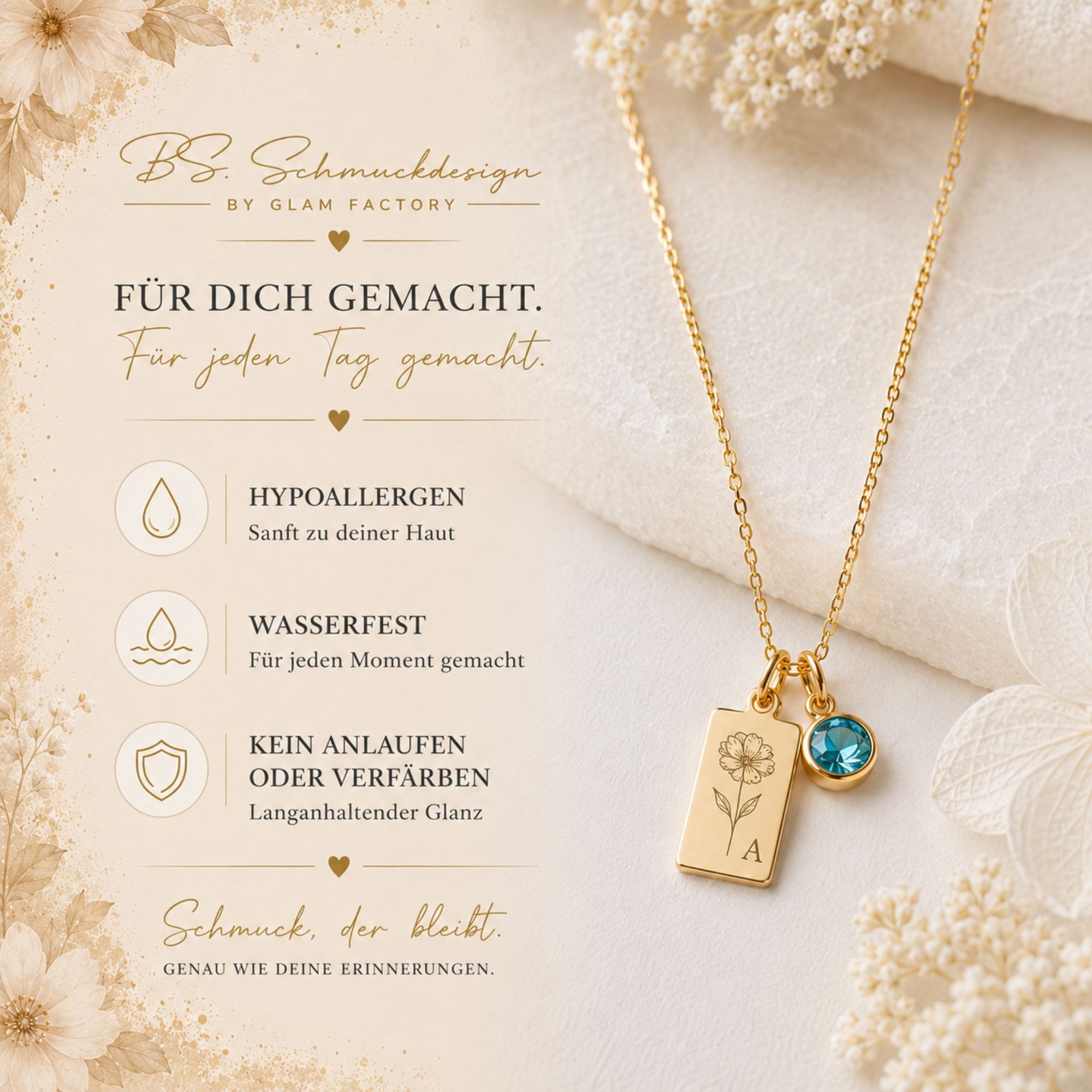 BS Schmuckdesign Kette mit Anhänger mit Gravur Personalisierte Halskette Damen mit Gravur Monatsblume Initiale (inkl. Geburtsstein), inkl. Geschenkbox – Bild 4 von 5