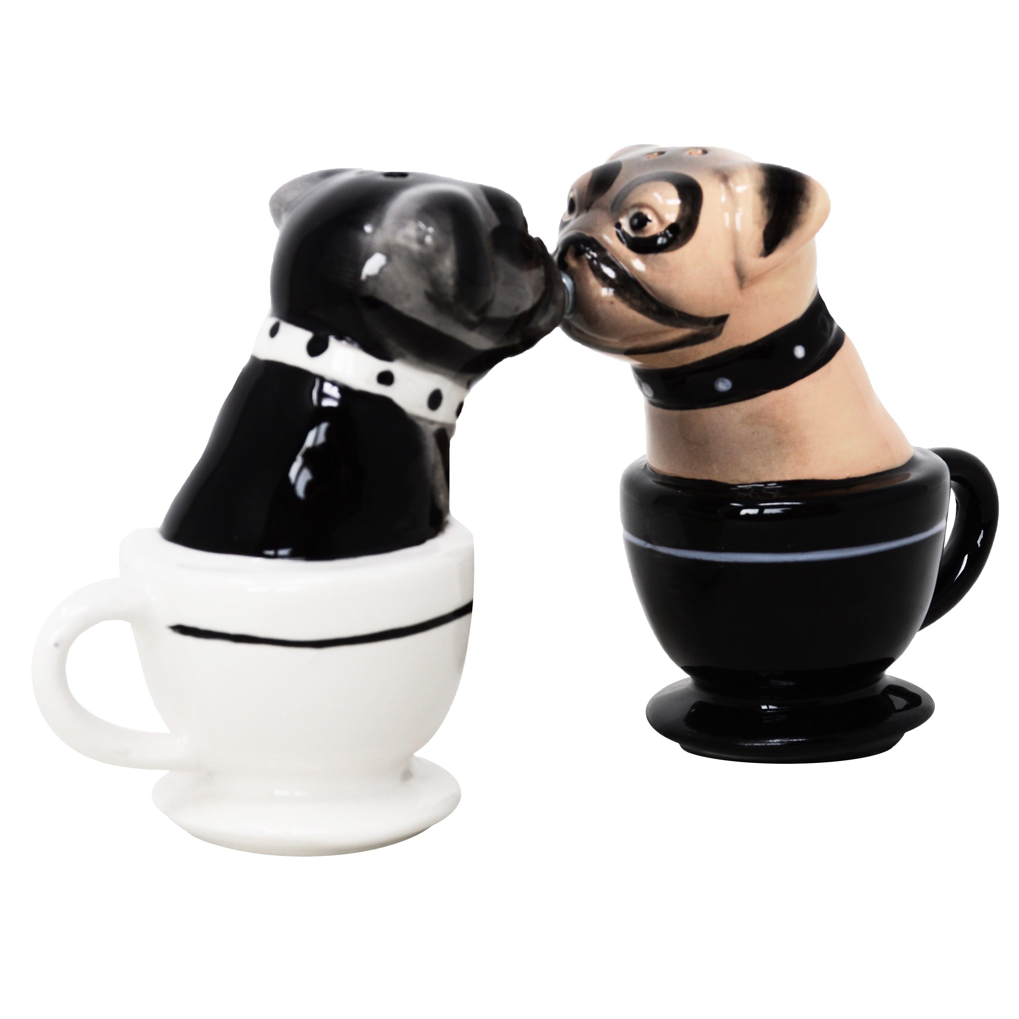 MystiCalls Salz- / Pfefferstreuer Salz- und Pfefferstreuer Mops in Tasse - Tea Cup Pugs Gewürz Streuer, (2-tlg), Verbunden durch einen Magnet