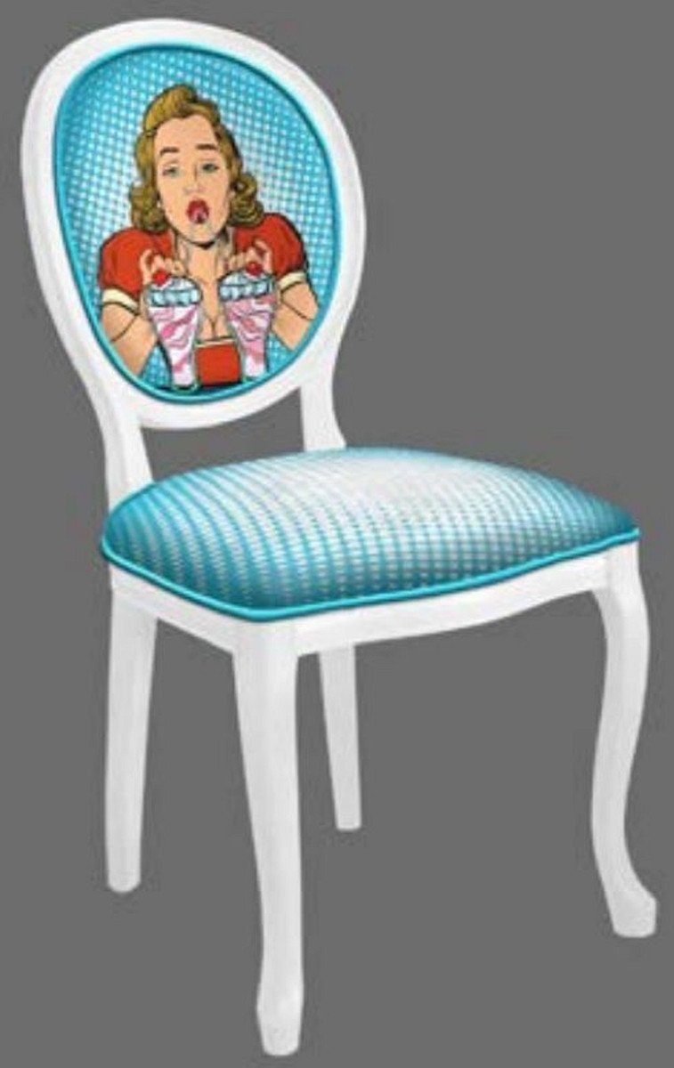 Casa Padrino Esszimmerstuhl Barock Barockstil Mehrfarbig Esszimmerstuhl - im Blau / Handgefertigte Barock Esszimmer Weiß 6 / Möbel - Set Stühle Küchen