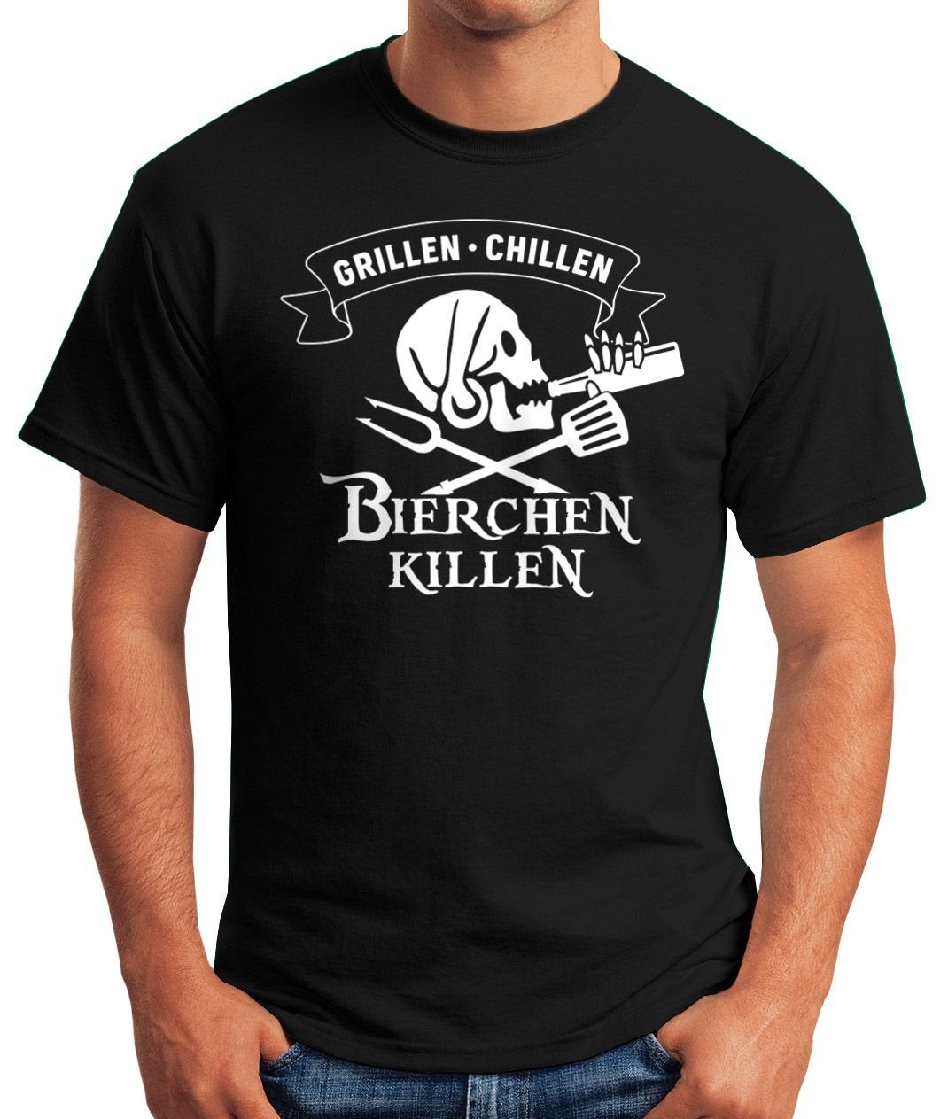 MoonWorks Print-Shirt Herren T-Shirt Grillen Chillen Bierchen Killen Pirat  Skull Bier Spruch lustig Fun-Shirt Moonworks® mit Print