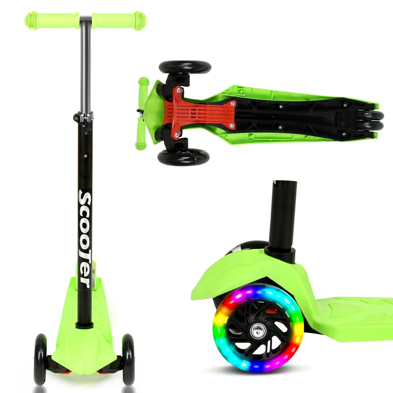 Lospitch Scooter Kinderroller Tretroller LED-Räder bis 50 kg Höhenverstellbar Grün