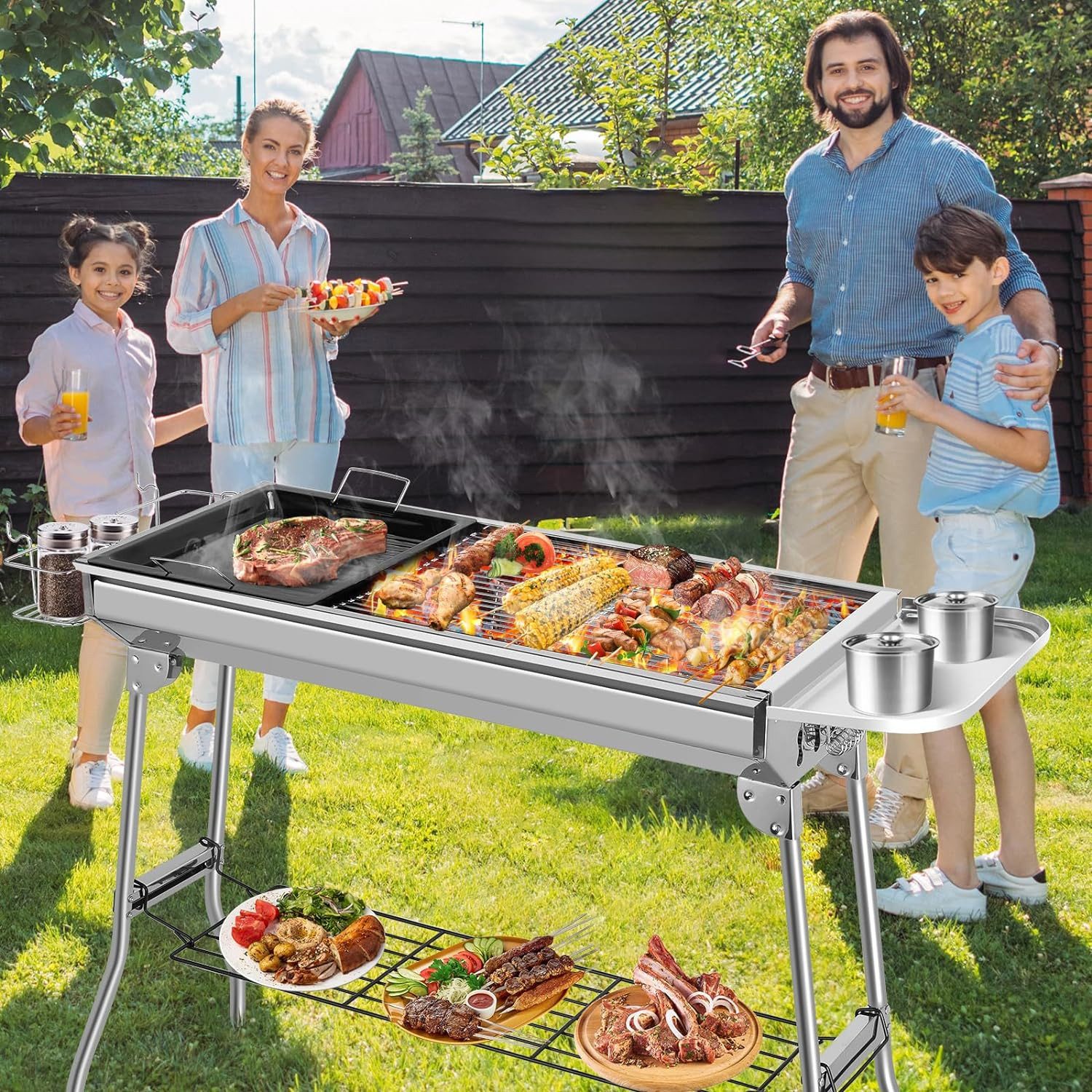TLGREEN Holzkohlegrill XXL,118*33 *72cm, Klappgrill, BBQ Charcoal Grill, Grill mit Antihaft-Pfanne, Aufbewahrungskorb&Aufbewahrungsplatte, Campinggrill, Picknickgrill für 5-10 Personen