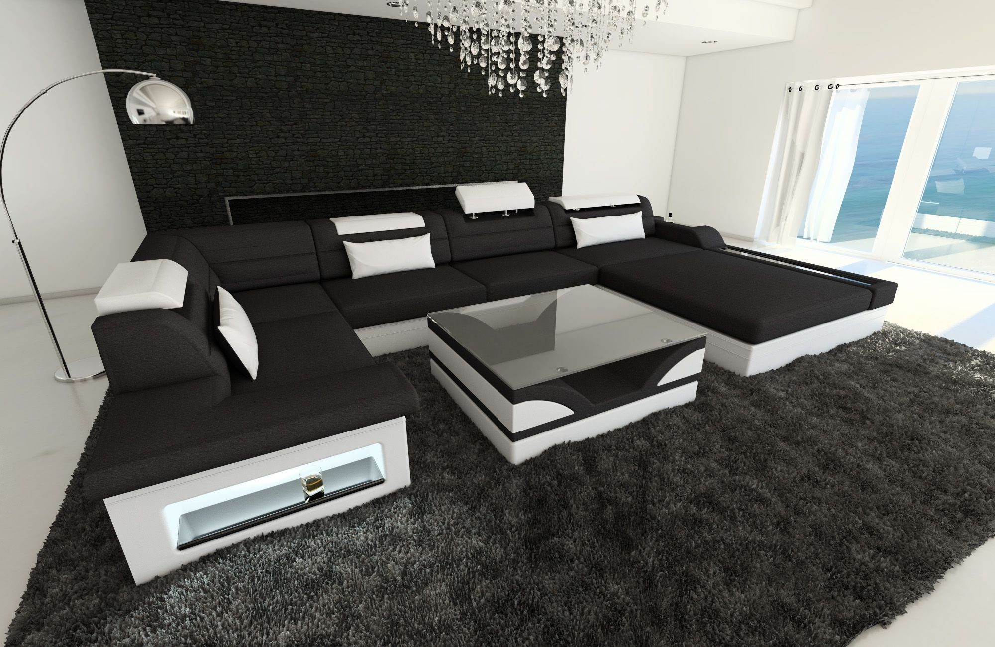 Sofa Dreams Wohnlandschaft Mezzo Stoffsofa, mit Designersofa Couch wahlweise Stoff als Bettfunktion Schlafsofa, U mit Schwarz-Weiss Sofa Form LED, C33