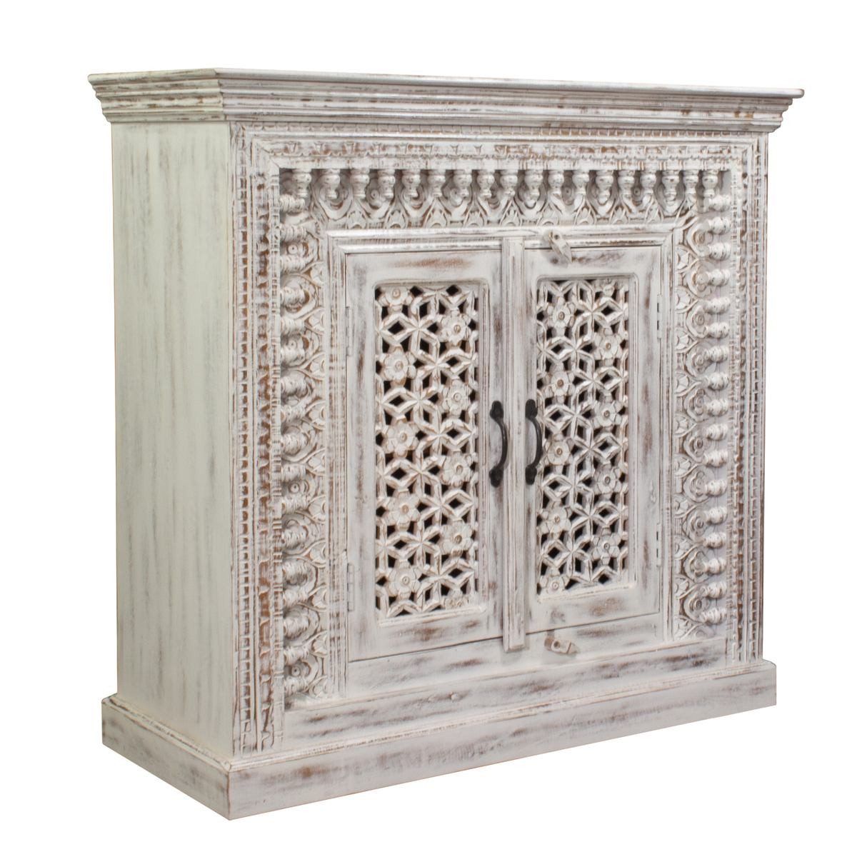 Oriental Galerie Unterschrank Weiß Whitewash Sideboard Rena Indien 100 cm Model 2 Kommode Landhausstil Weiß, Holzkommode massiv, Shabby Chic, Vintage