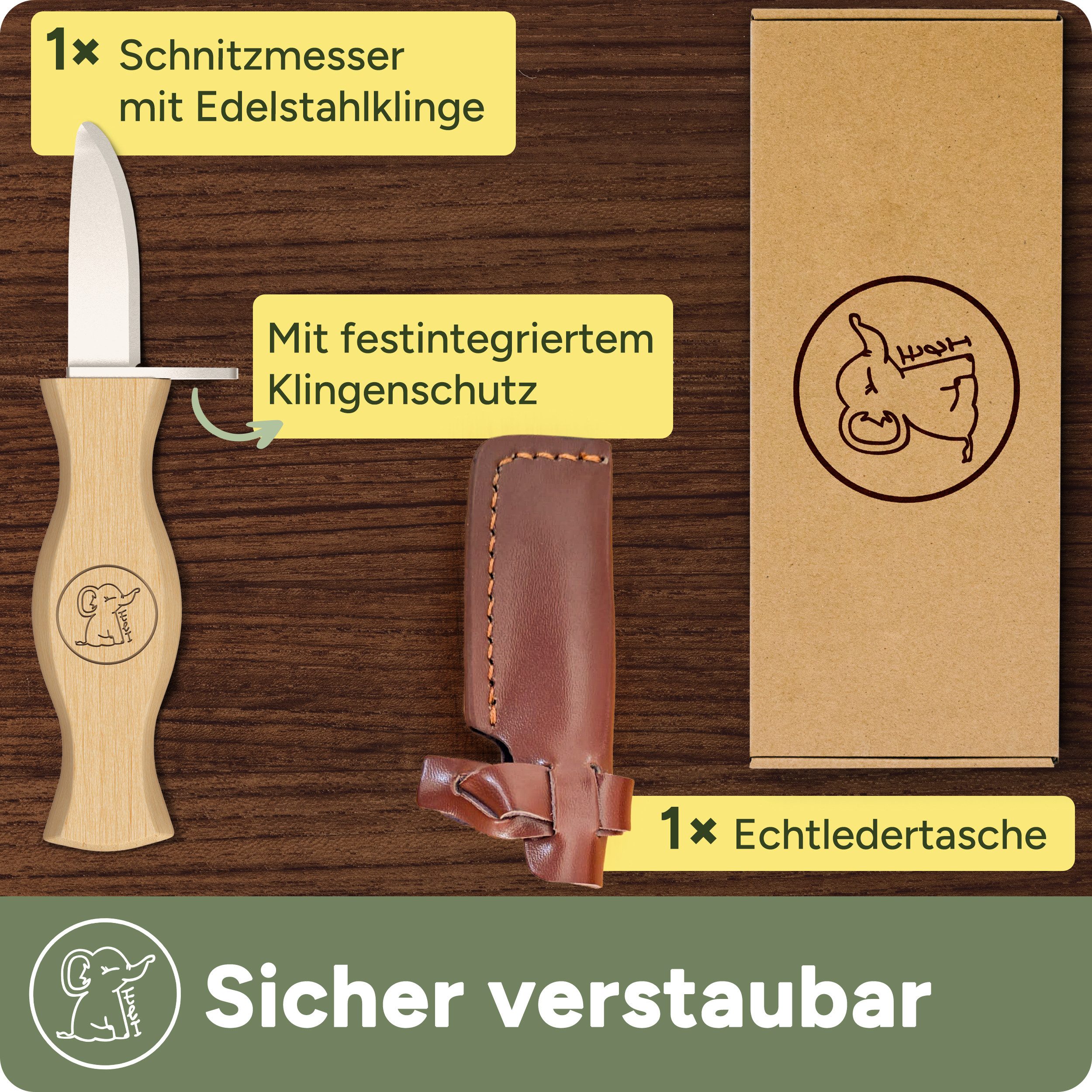 Eli Taschenmesser Schnitzmesser für Kinder ab 6 Jahre inkl. Klingenschutz aus Leder, (Kindermesser - Kinderschnitzmesser - Beidhändig - rostfreier Stahl, Buchenholzgriff), Schnitzwerkzeug - Outdoor Messer