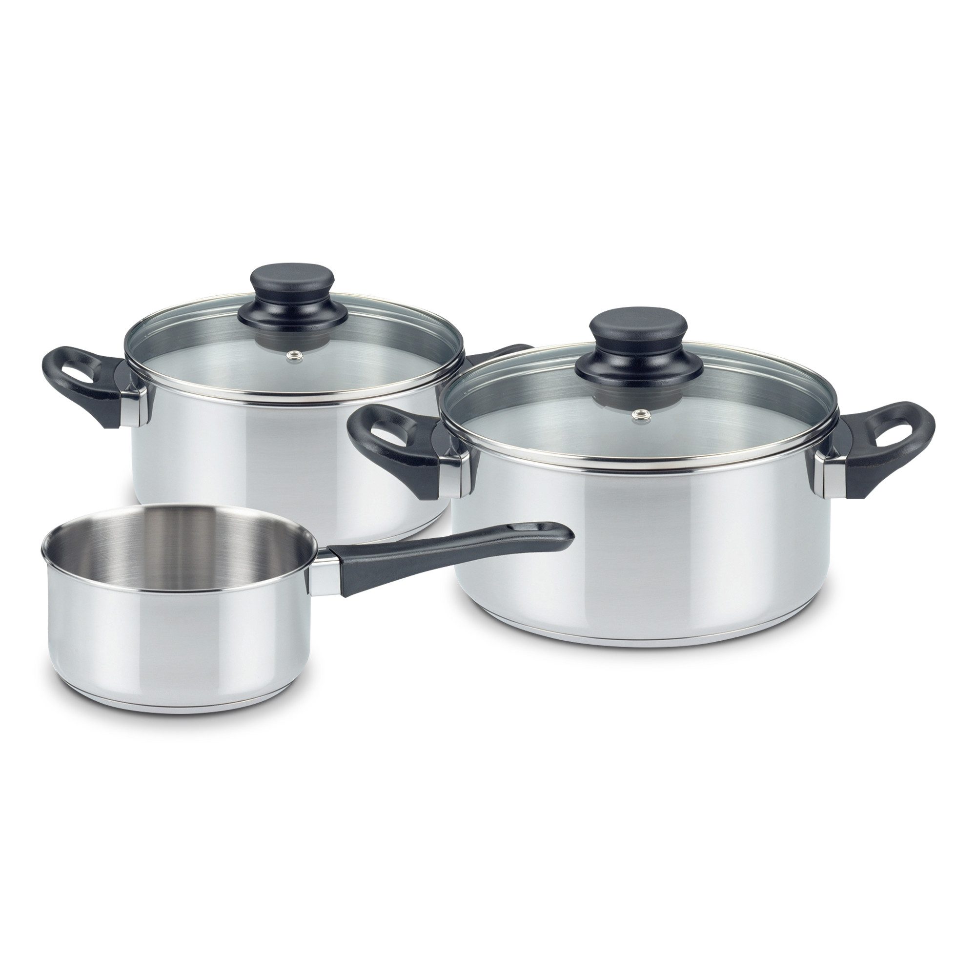 KHG Topf-Set mit Glasdeckeln, für alle Herdarten inklusive Induktion, Edelstahl (5-tlg), Unbeschichtet, Dampfloch im Deckel, Innenskala, spülmaschinenfest